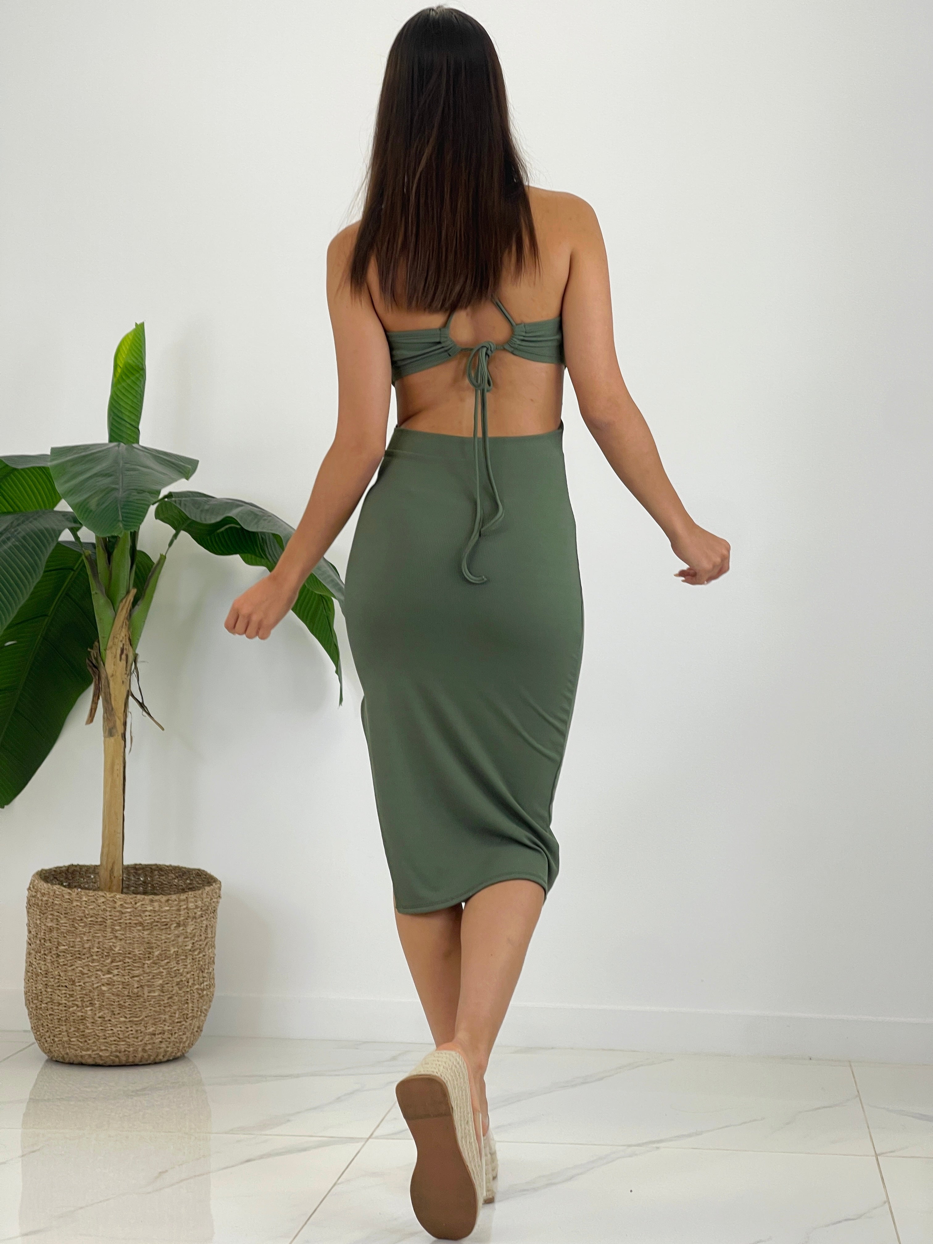 Vestido midi canalé halter lace up