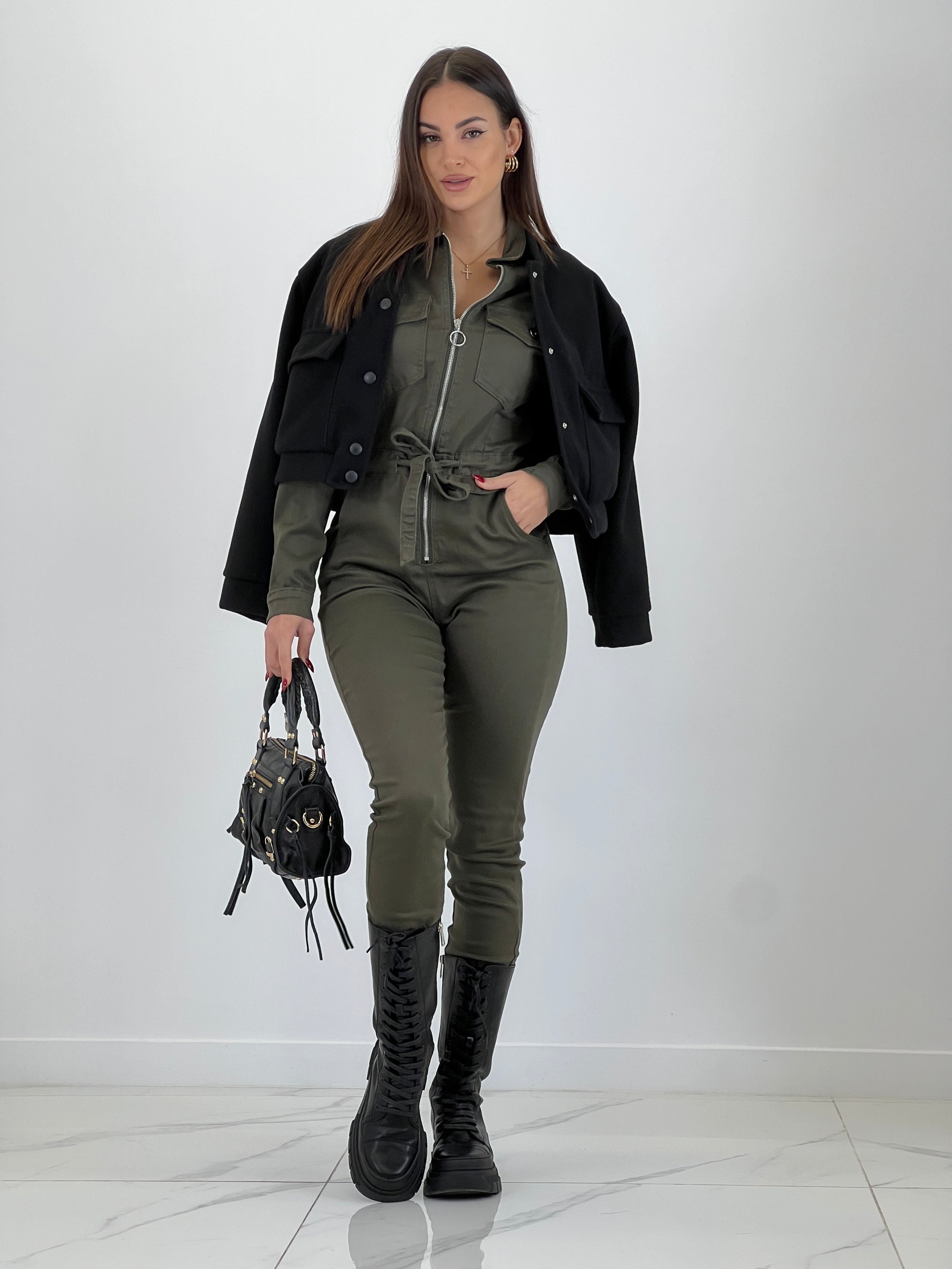 Long-sleeved cargo jumpsuit
