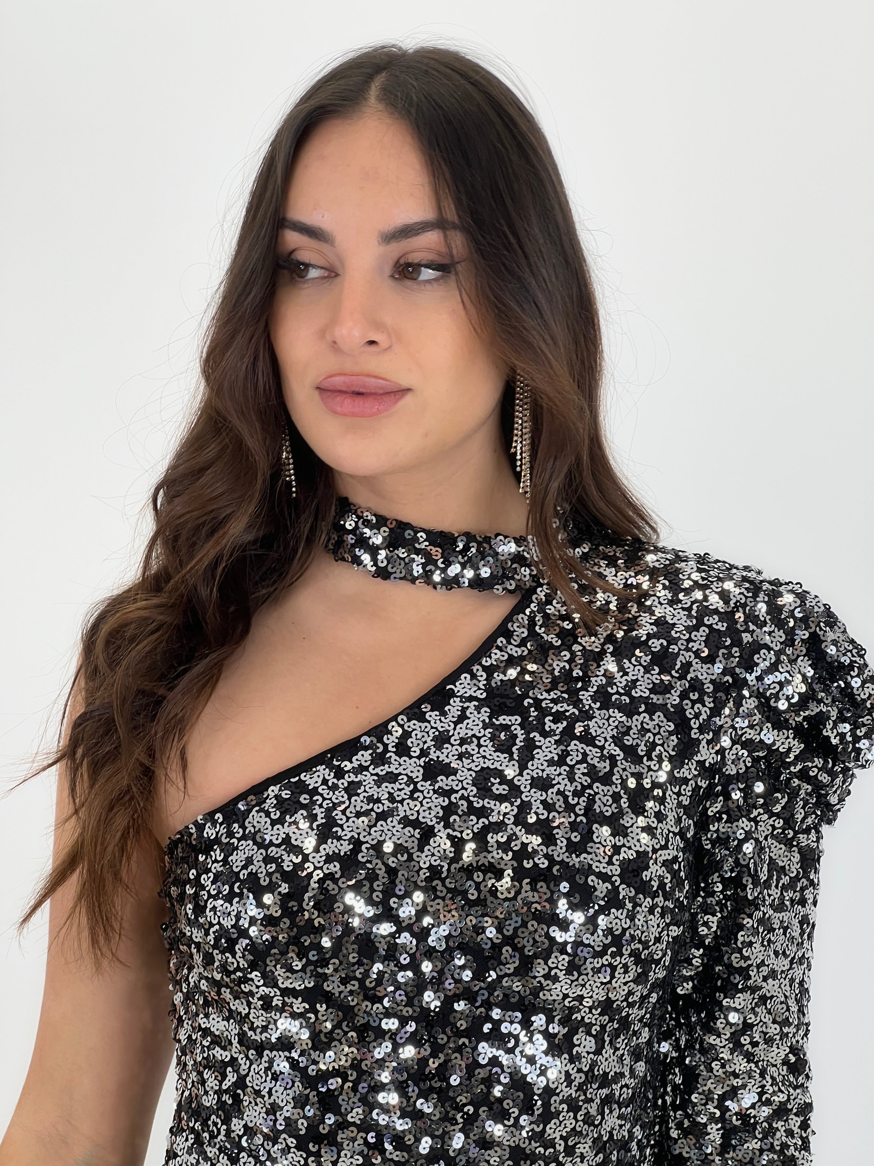 Asymmetrical sequin choker dress