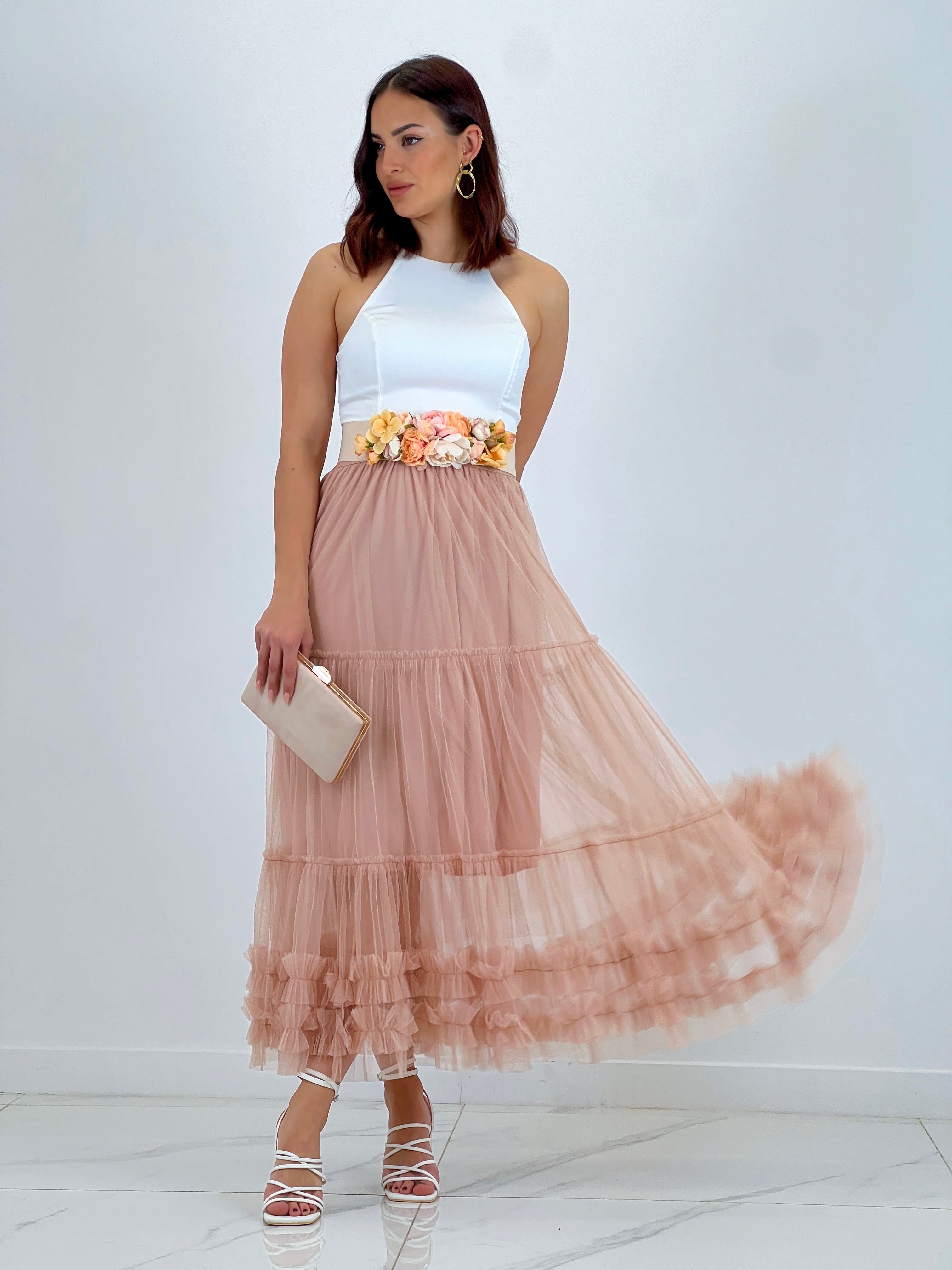 Falda de tul larga acabado rizado