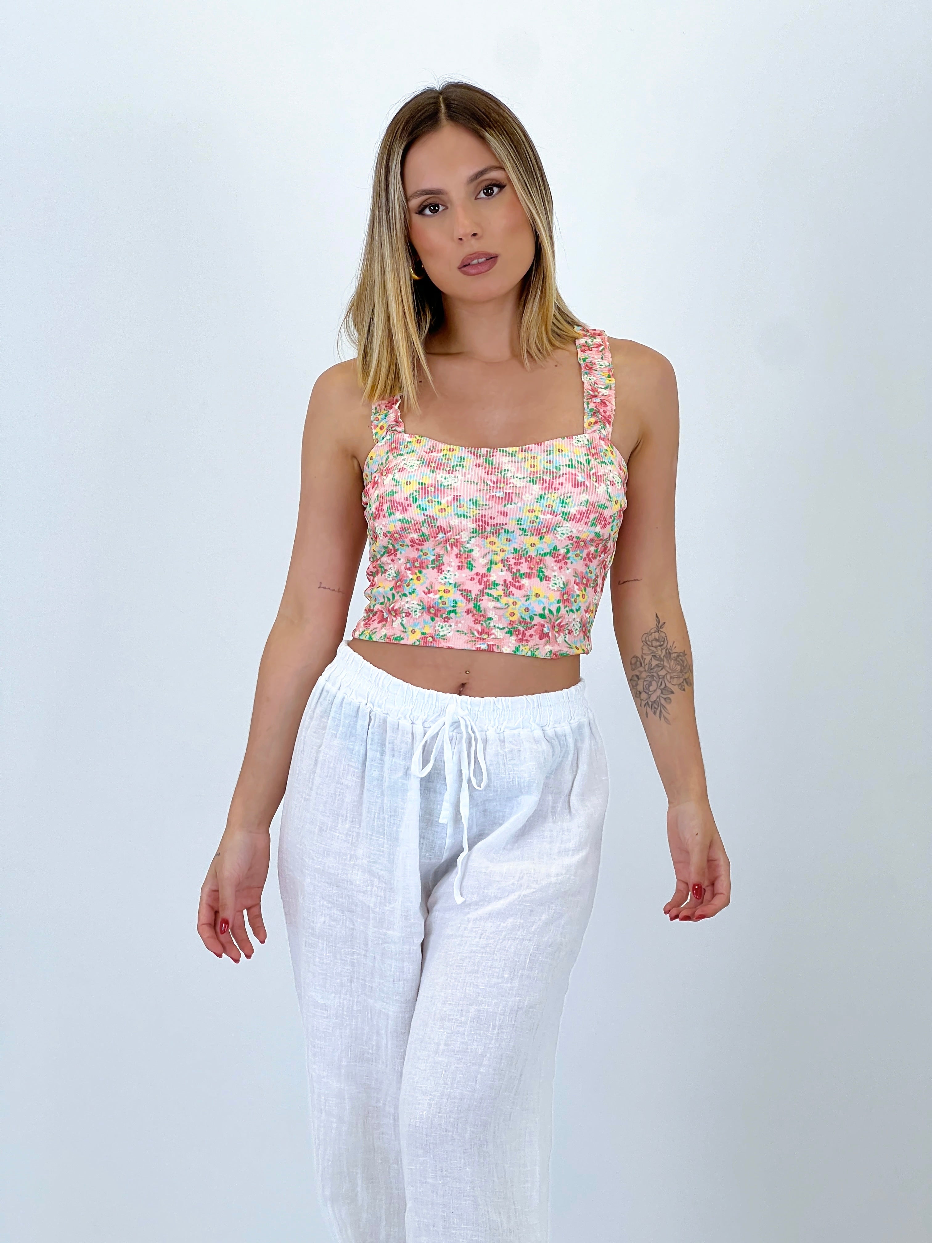 Linen flared trousers with elastic