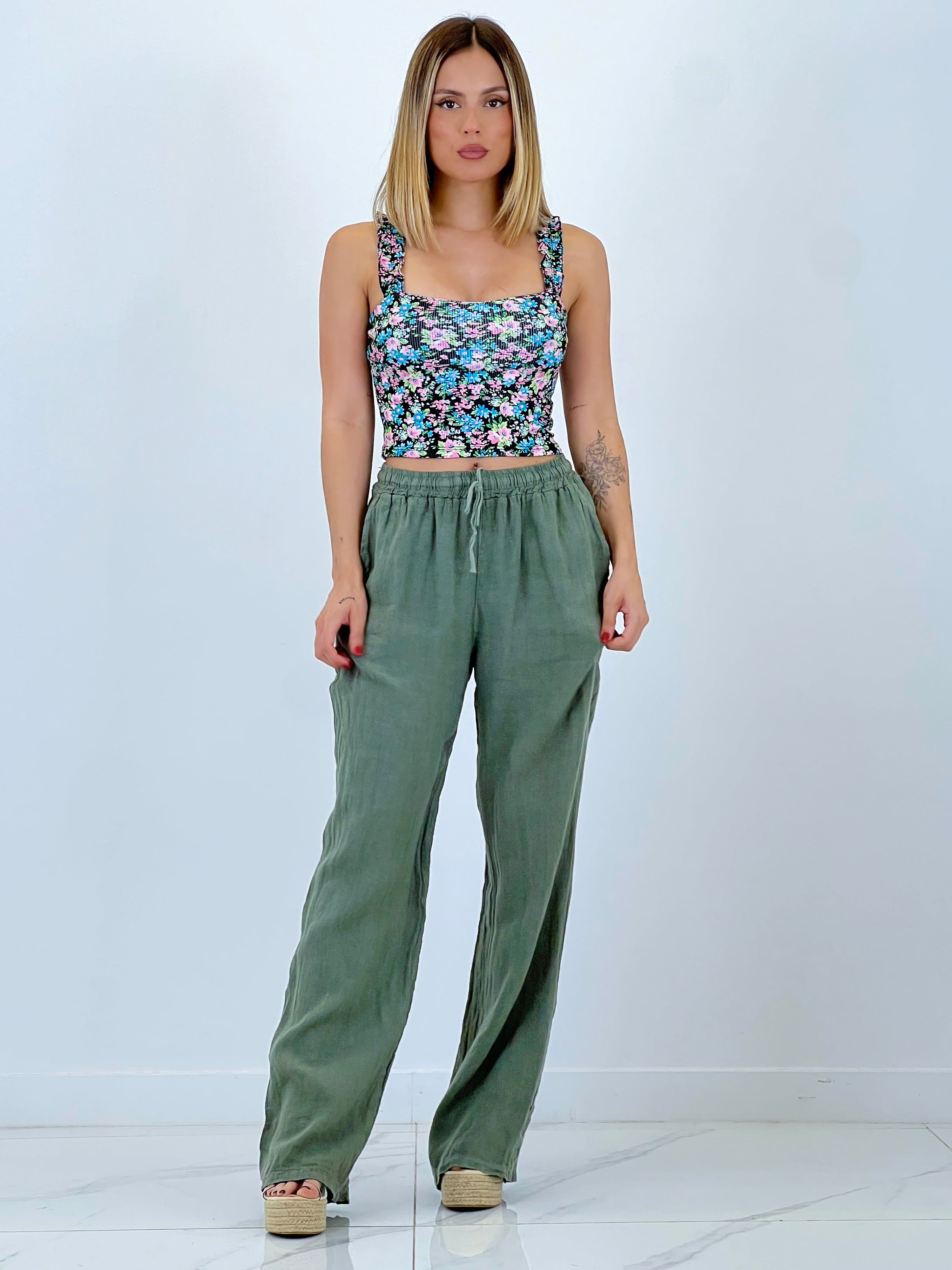 Pantalón straight lino cintura goma