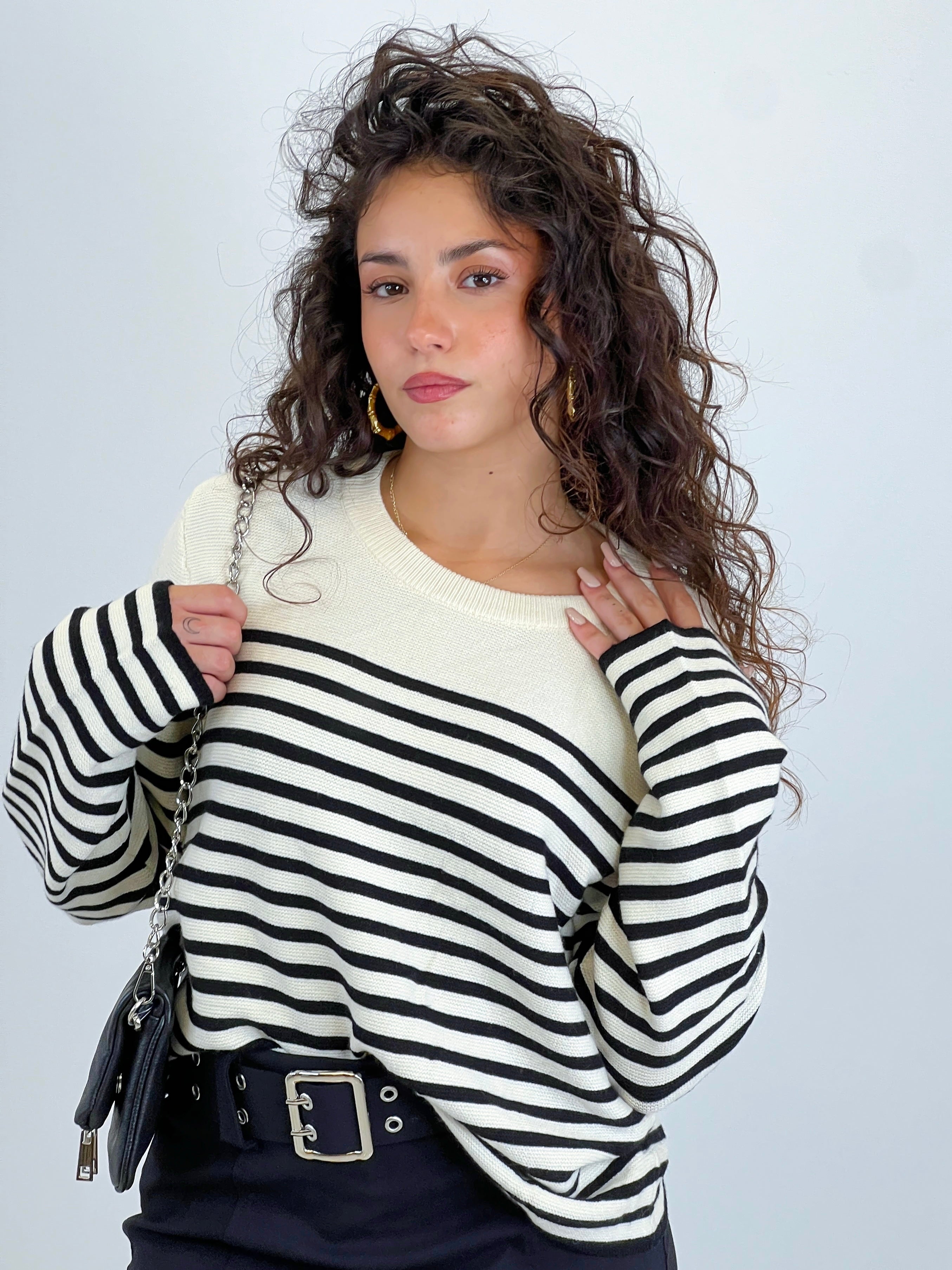 Long-sleeved striped knit sweater
