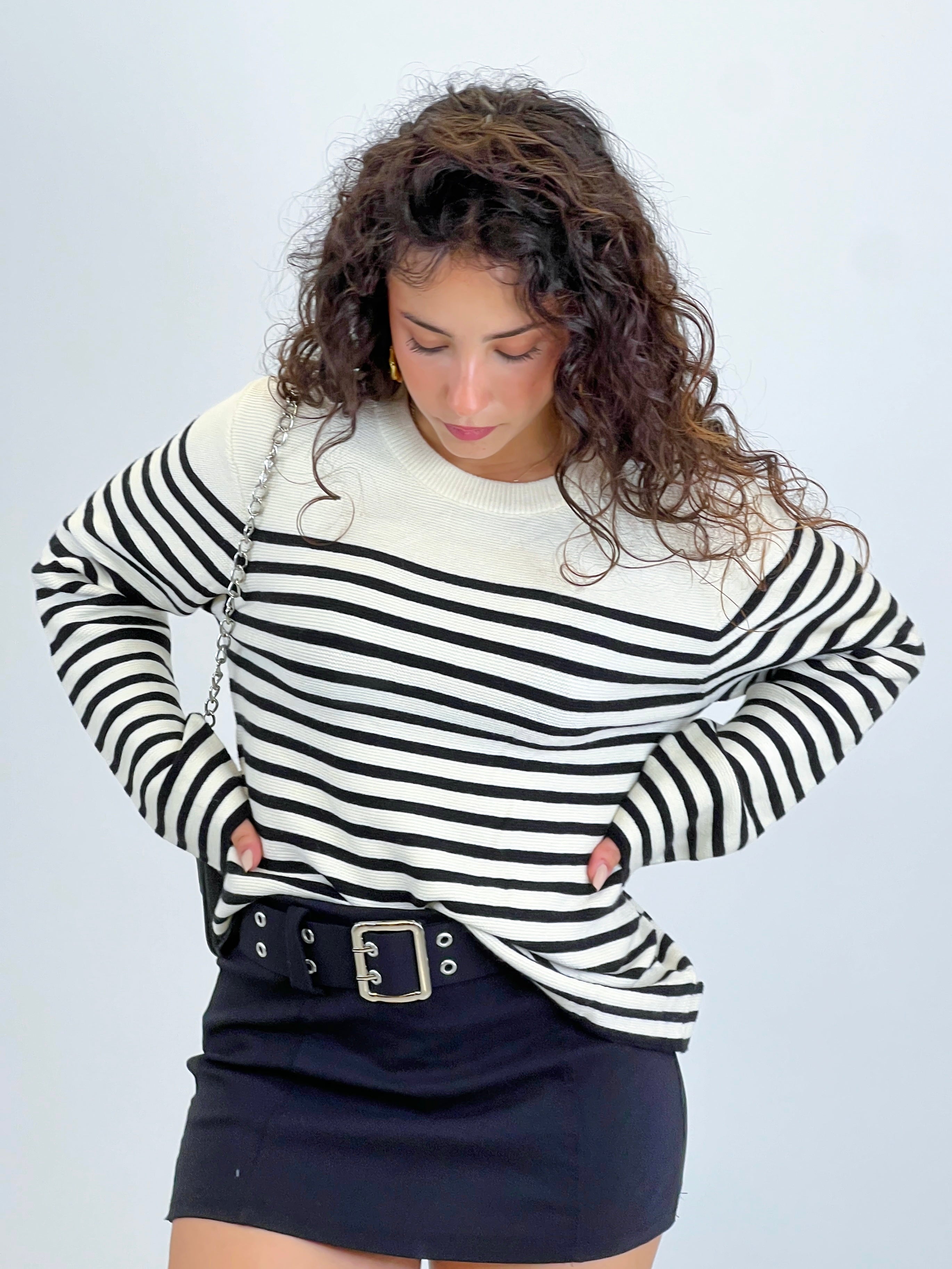Long-sleeved striped knit sweater