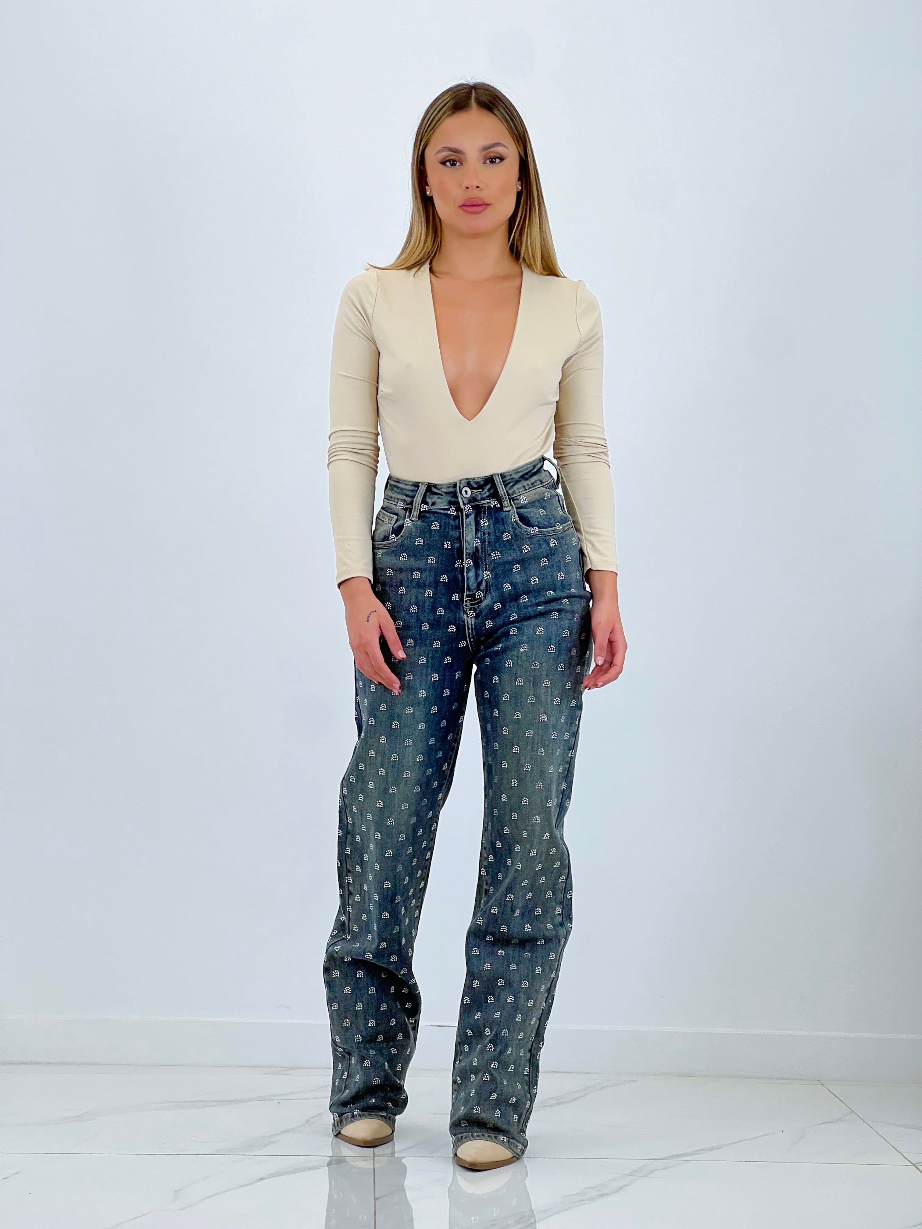 Jeans wide leg círculos brillantes