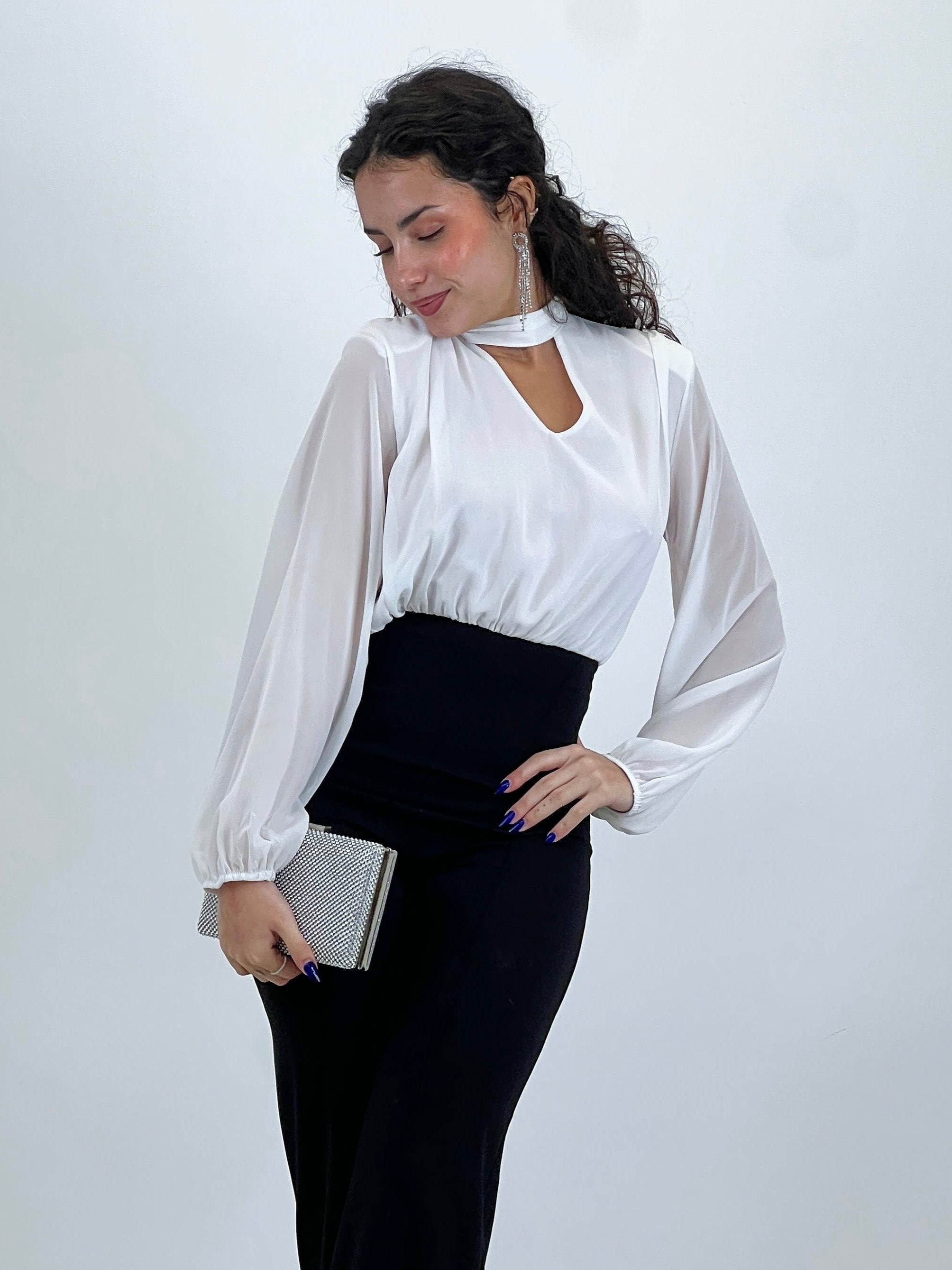 Long-sleeved choker jumpsuit with transparencies