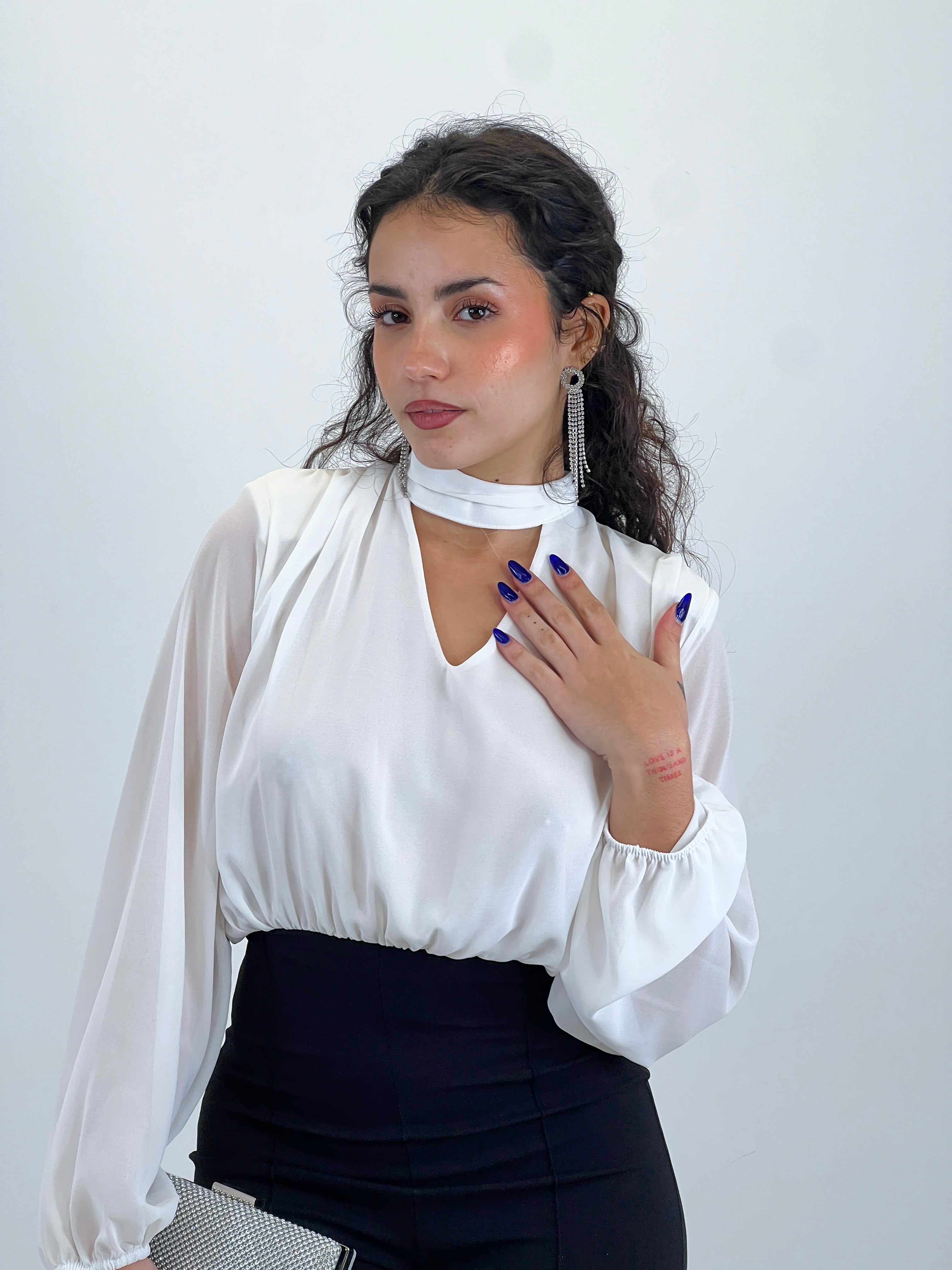 Long-sleeved choker jumpsuit with transparencies