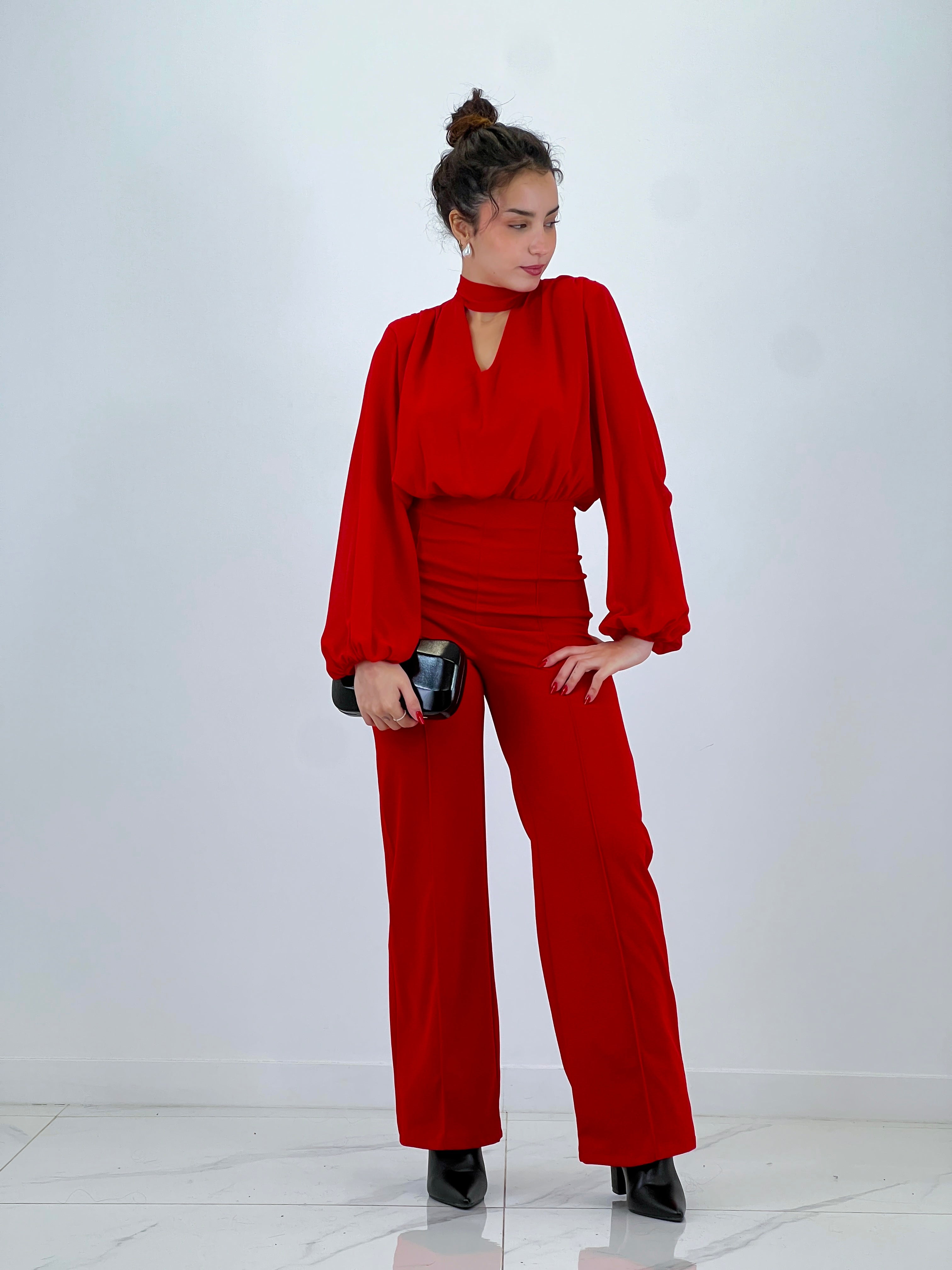 Long-sleeved choker jumpsuit with transparencies
