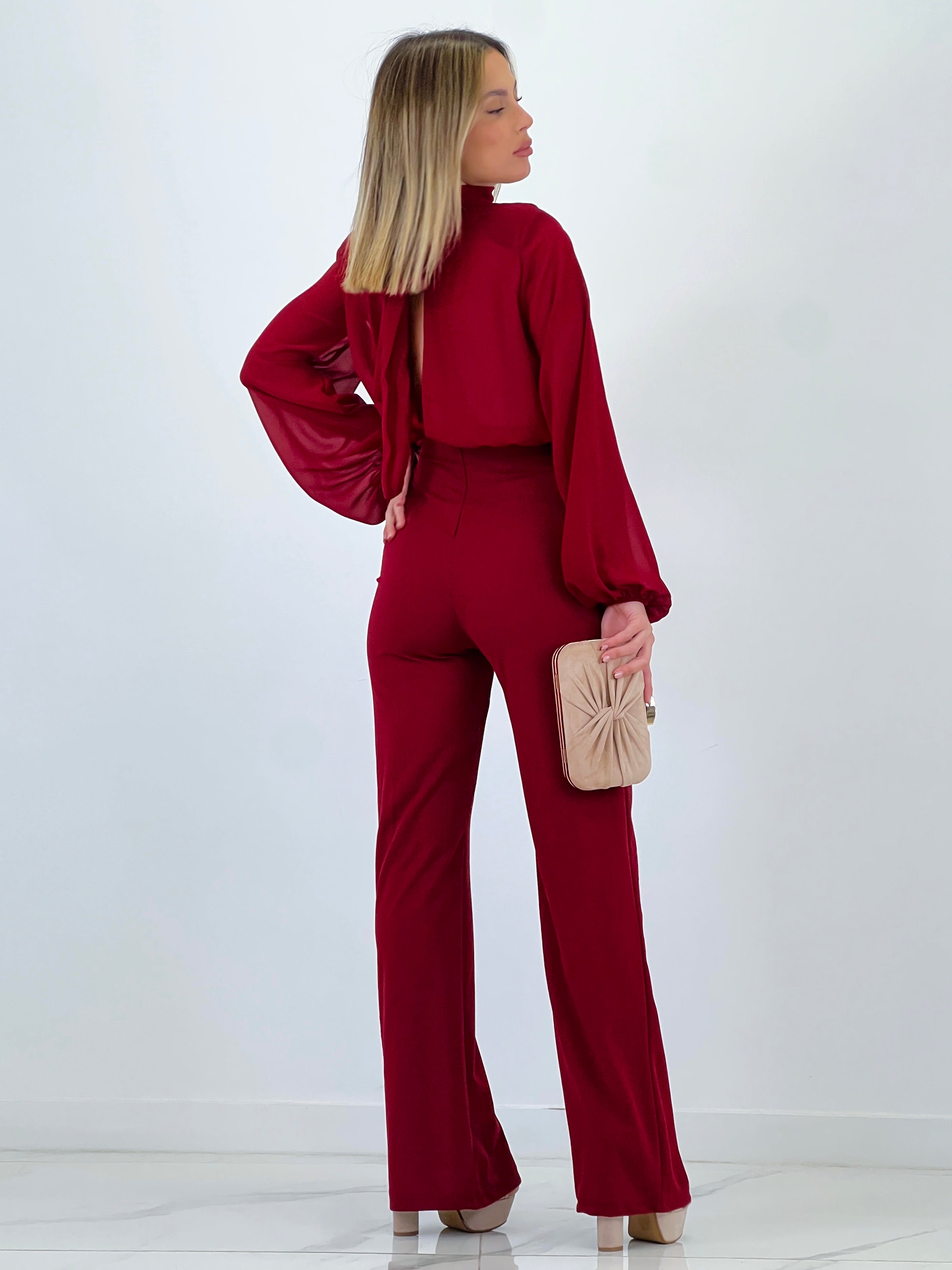 Long-sleeved choker jumpsuit with transparencies