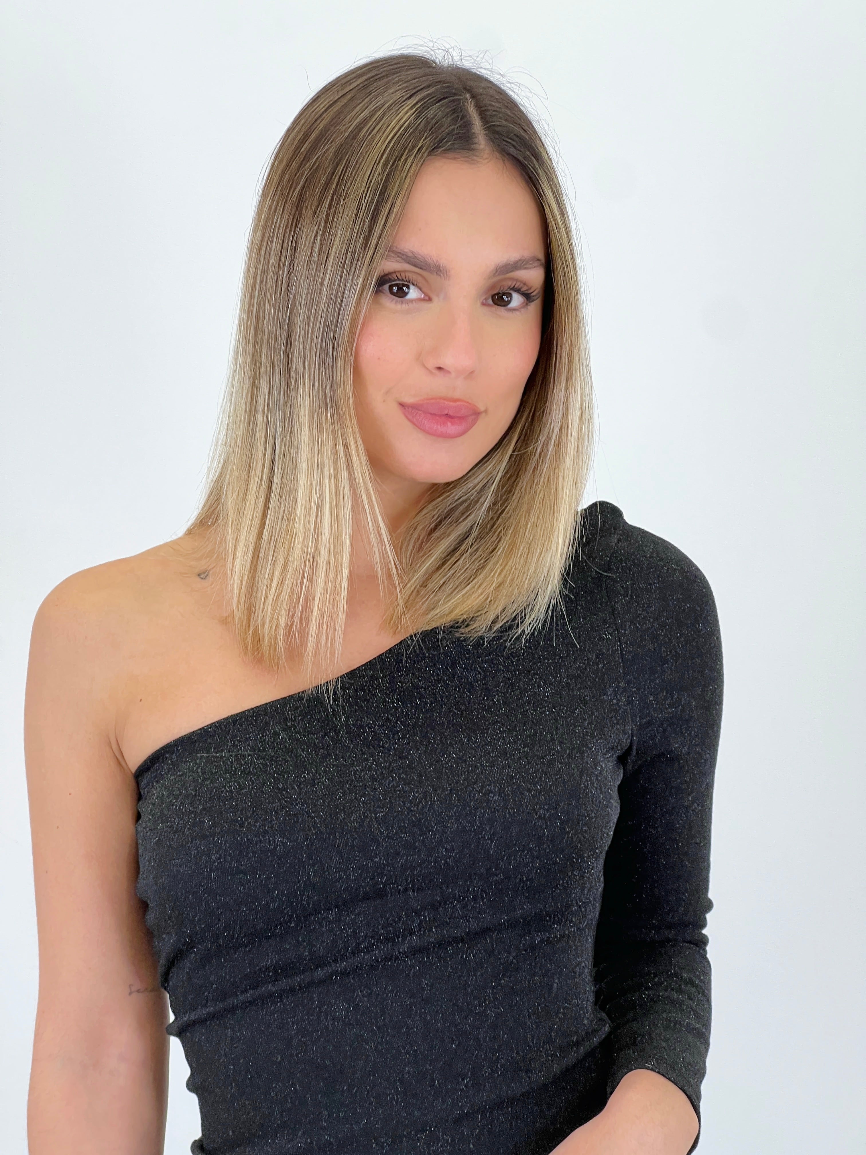 Vestido lurex corto asimétrico