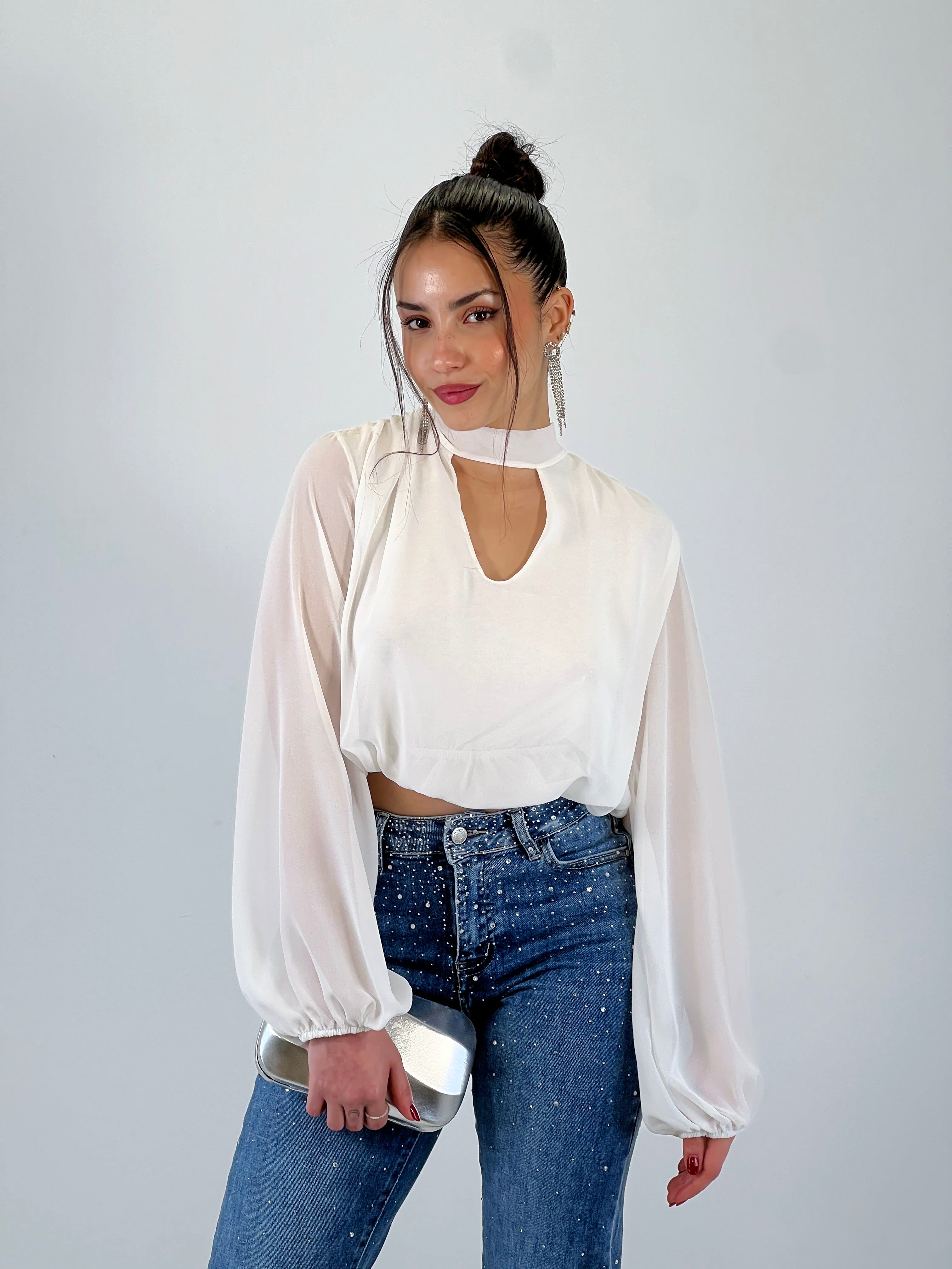 Blusa crop gasa choker