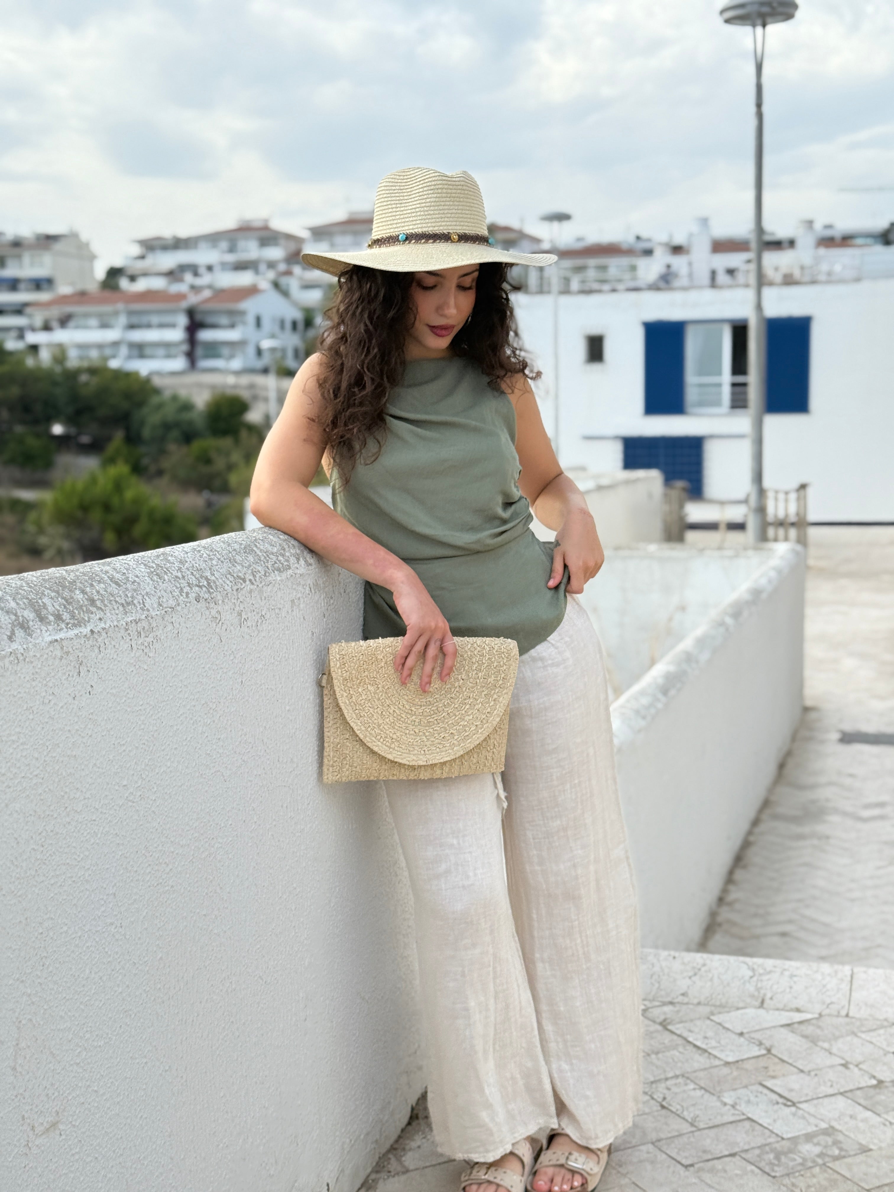 Linen flared trousers with elastic