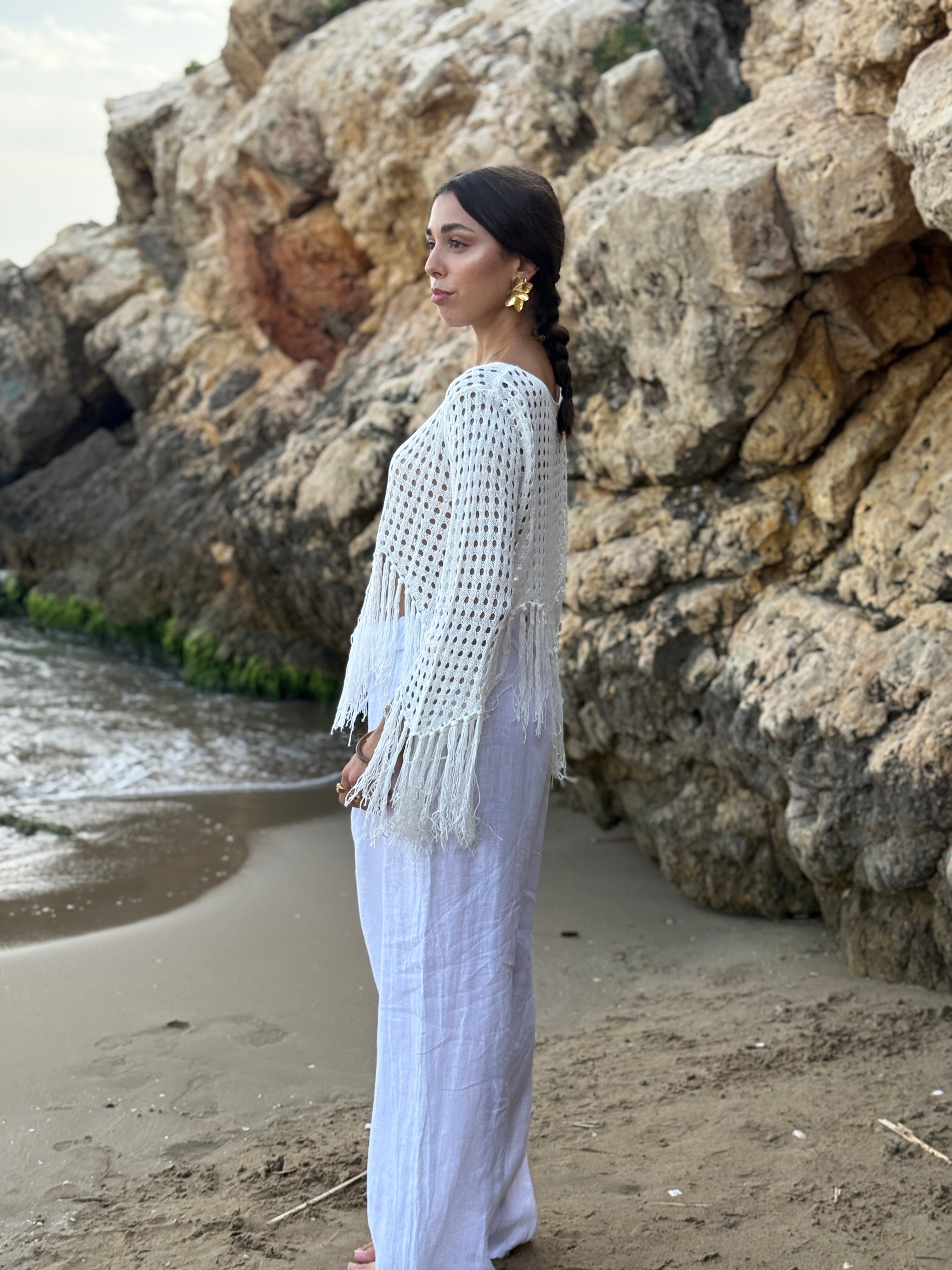 Linen flared trousers with elastic