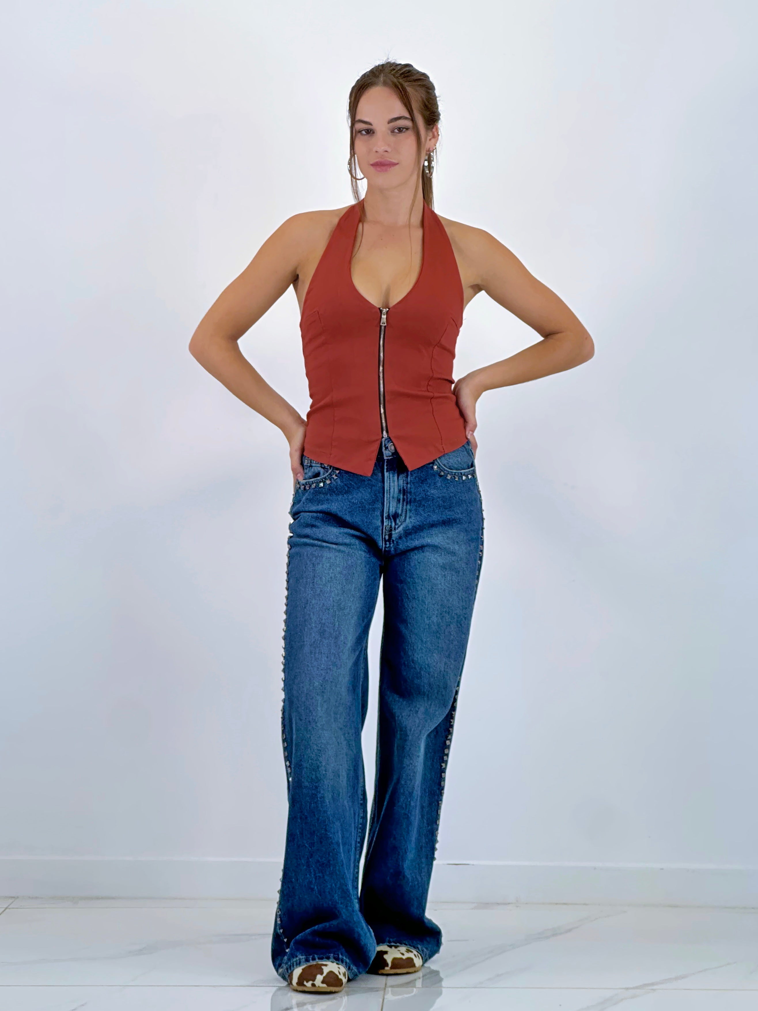 Jeans wide leg high waist studs