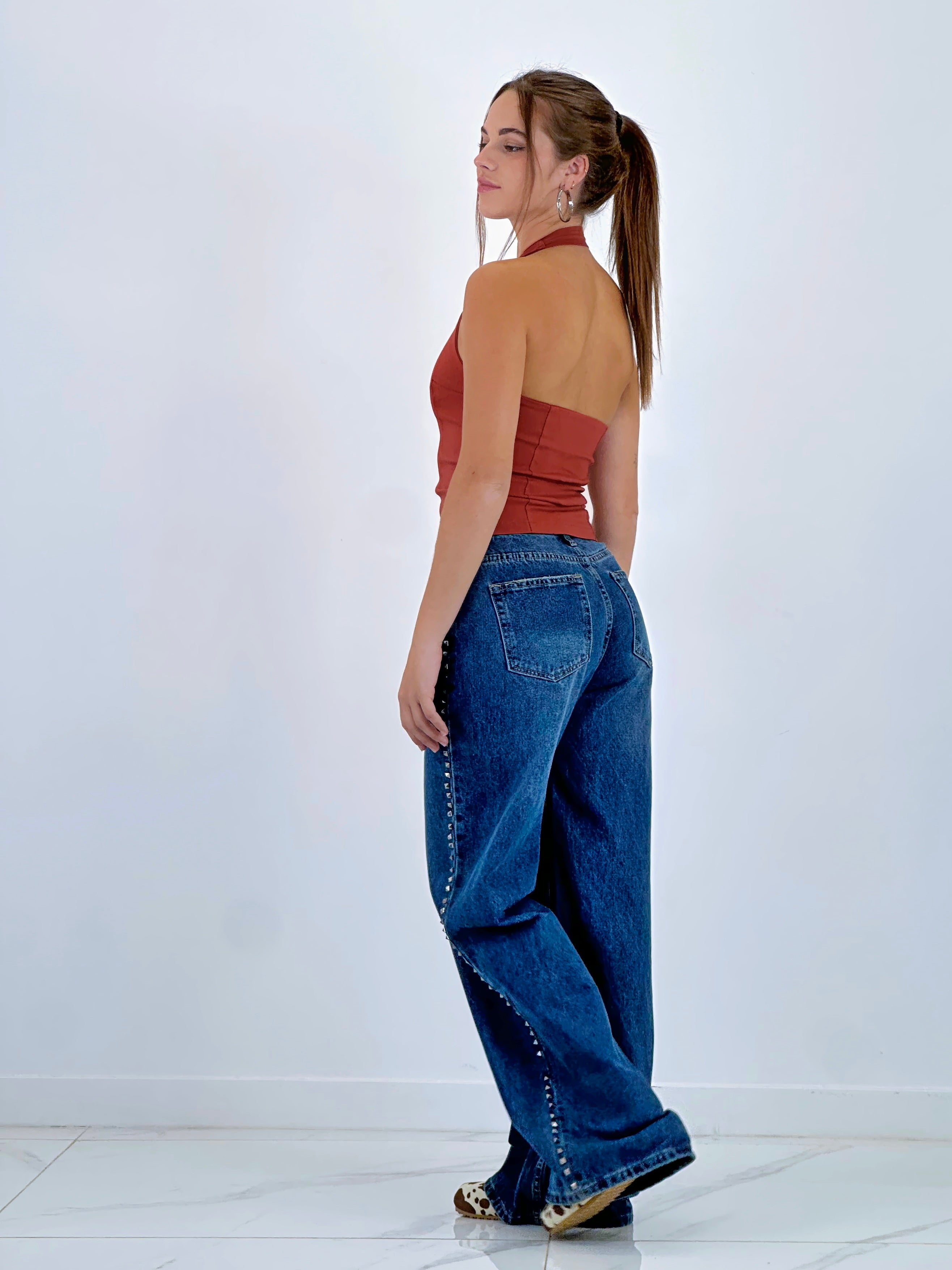 Jeans wide leg high waist studs