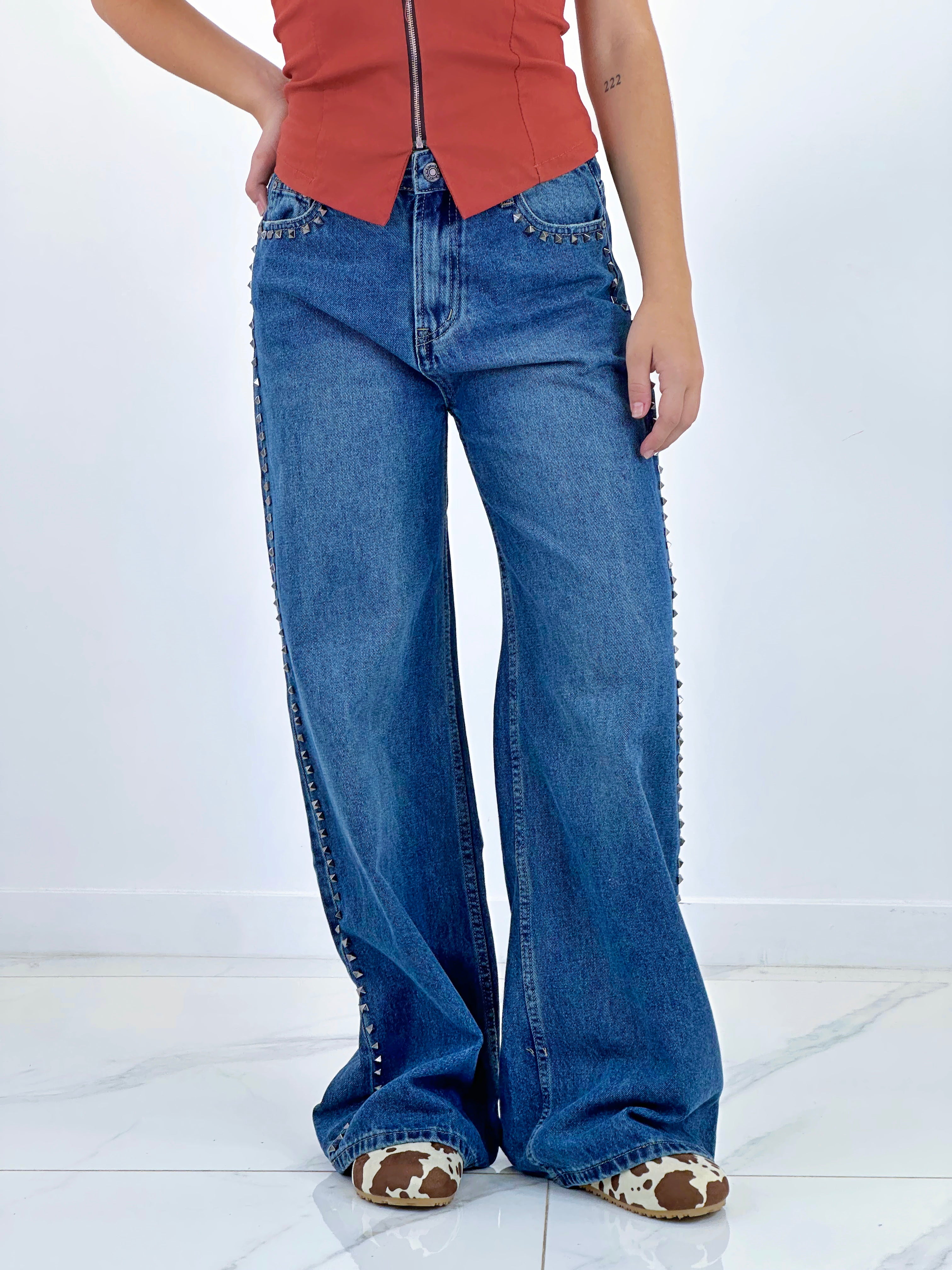 Jeans wide leg high waist studs