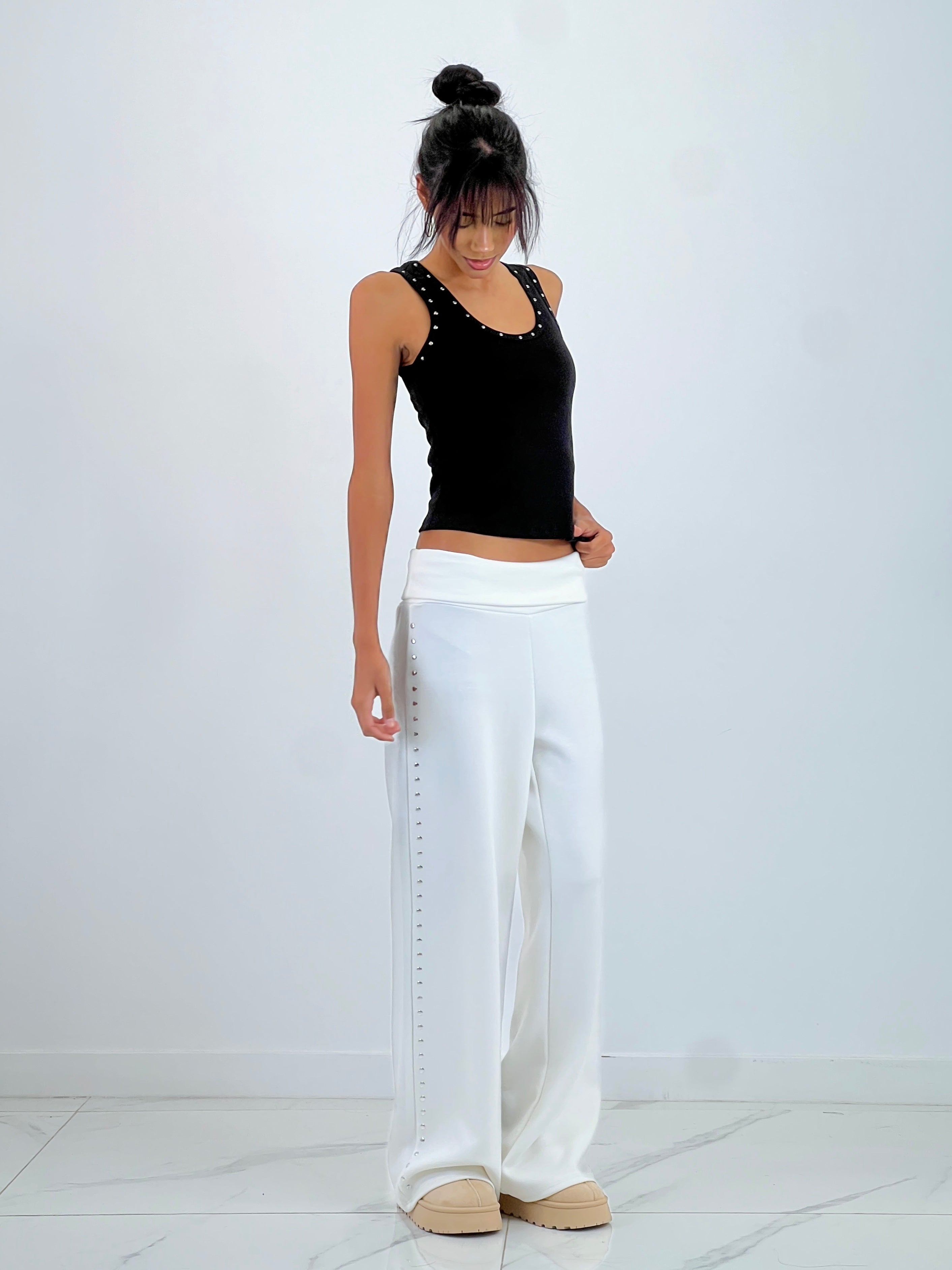 Studded pants with turned waist