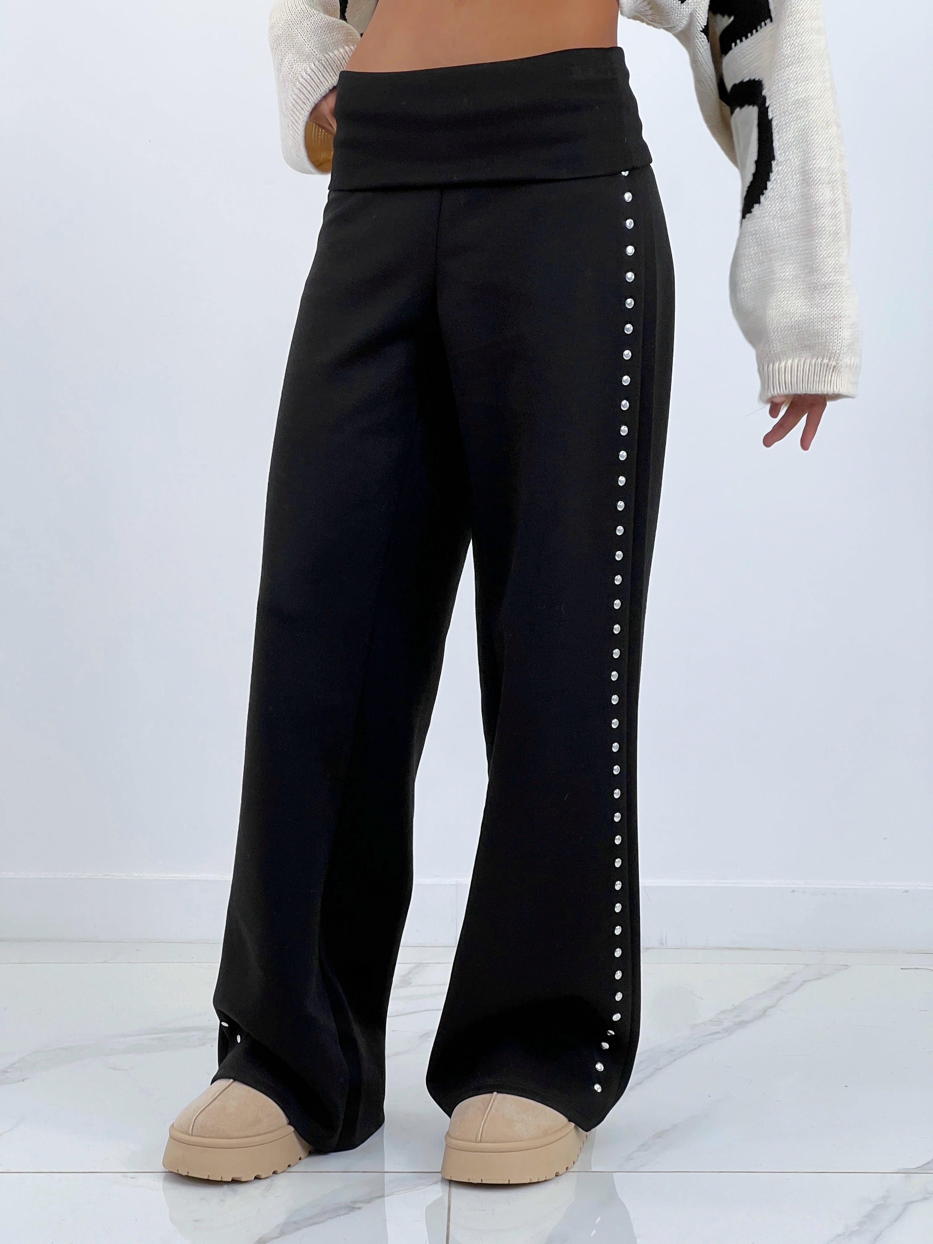 Studded pants with turned waist