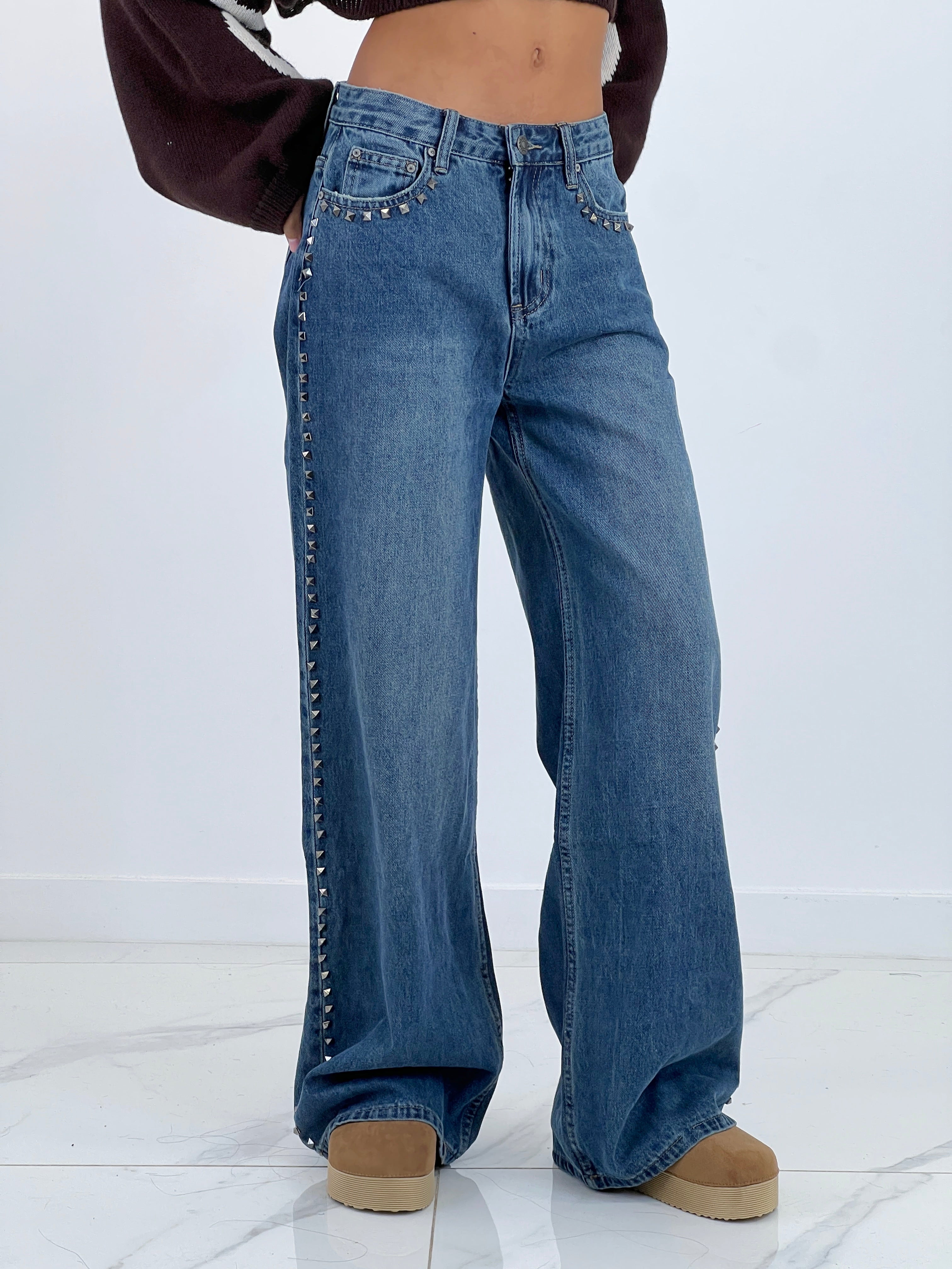 Jeans wide leg high waist studs