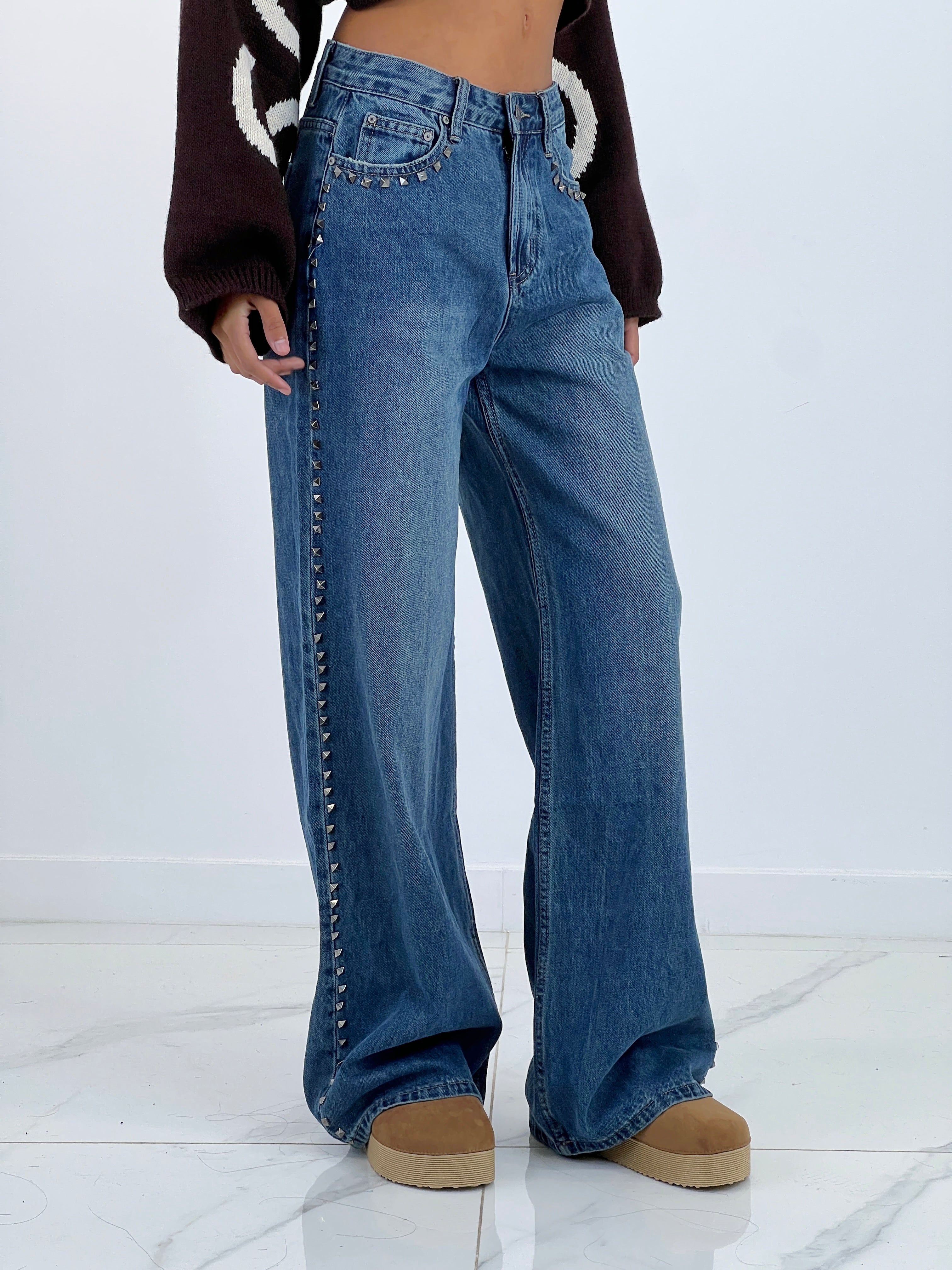 Jeans wide leg high waist studs