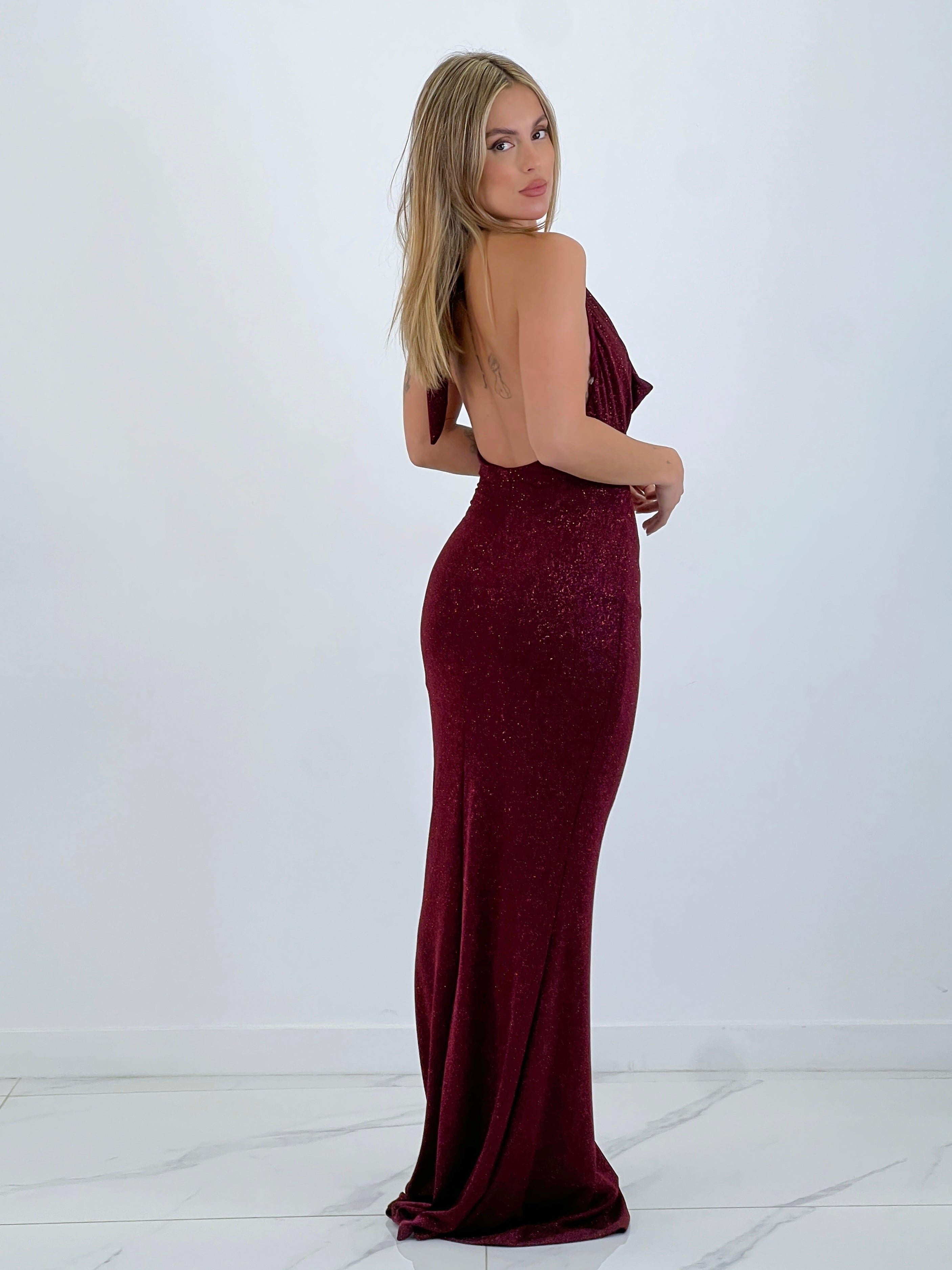 Vestido lurex cuello cascada