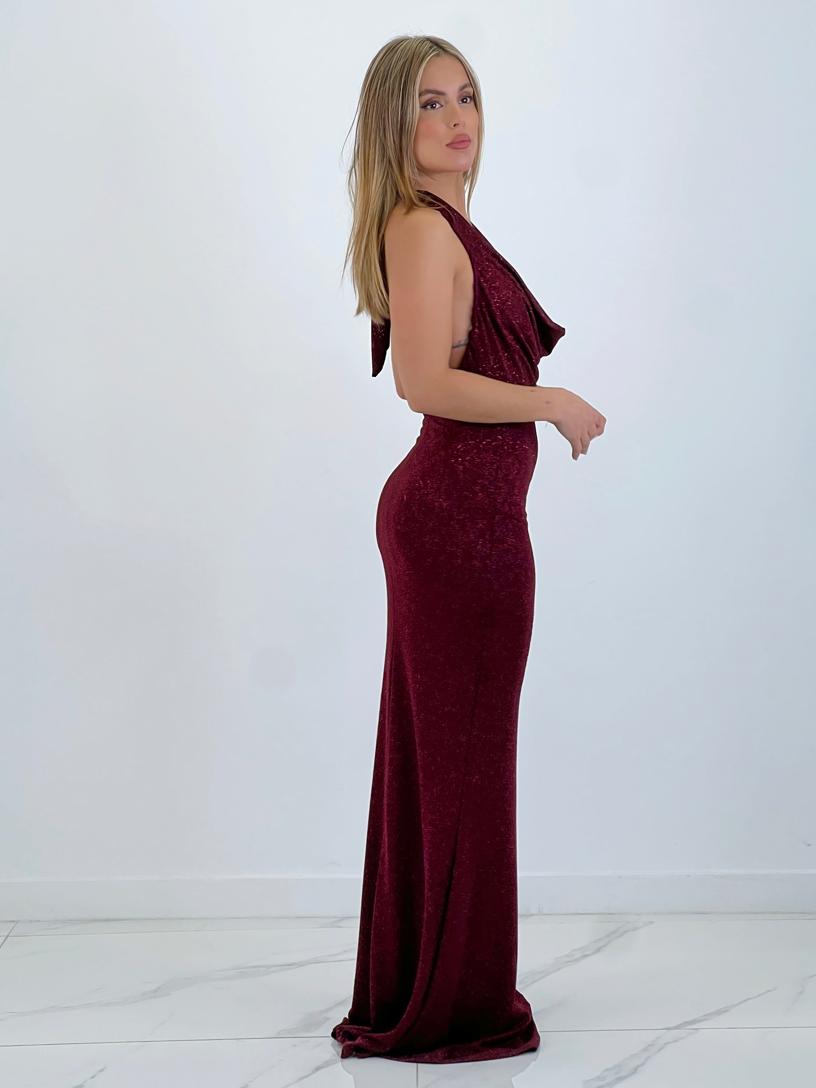 Vestido lurex cuello cascada