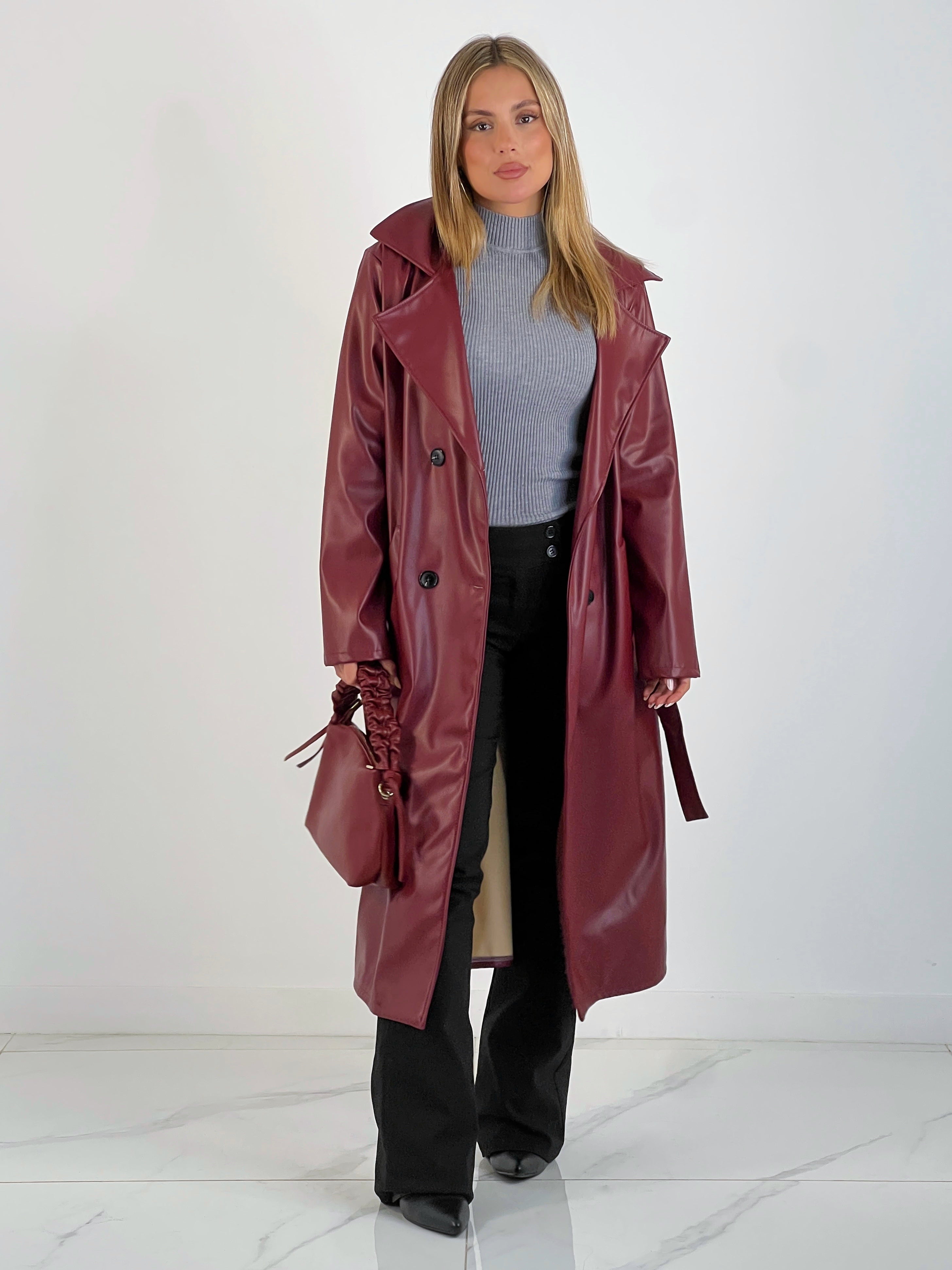 Faux leather trench coat