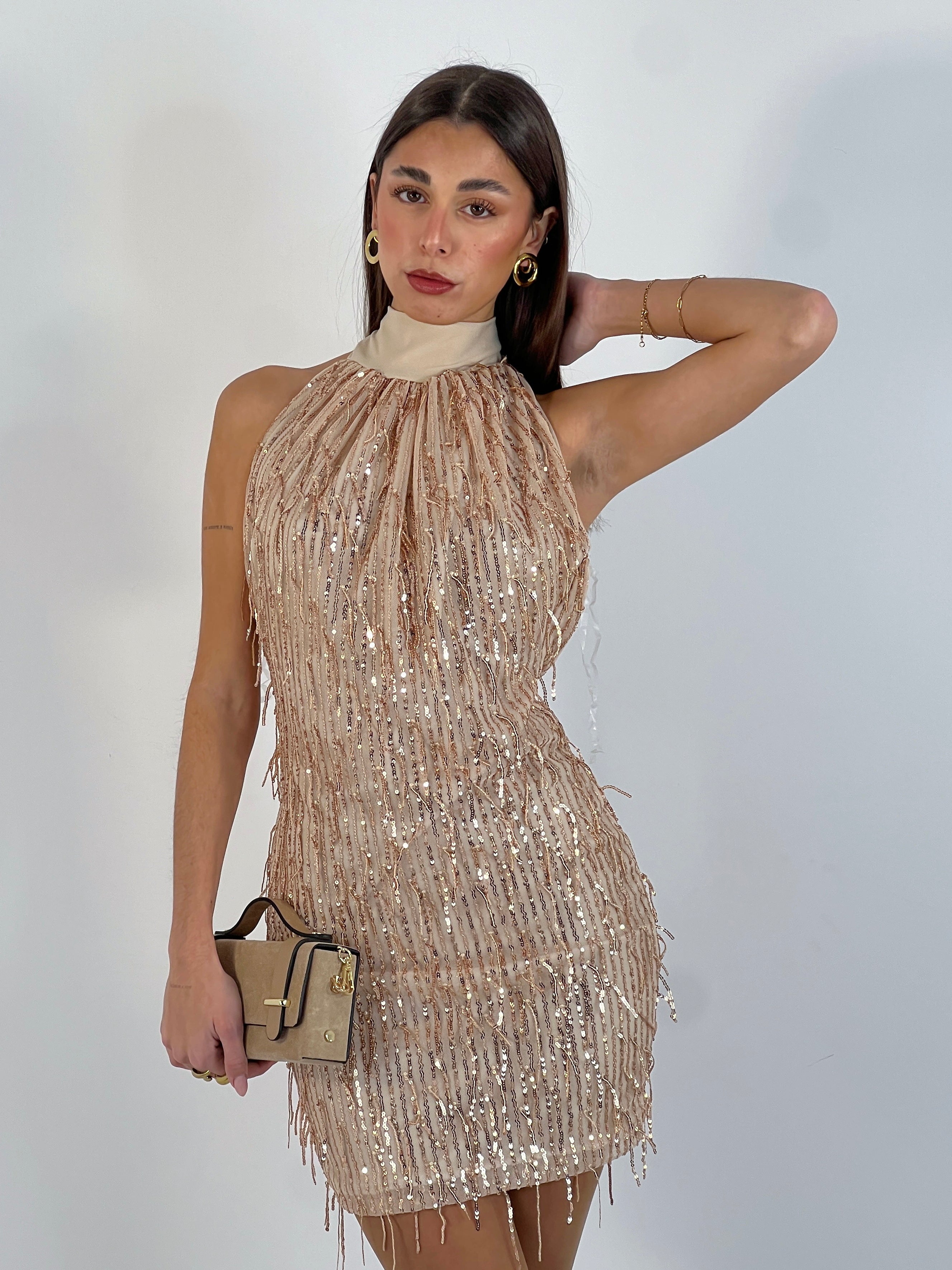 Halter dress fringes sequins