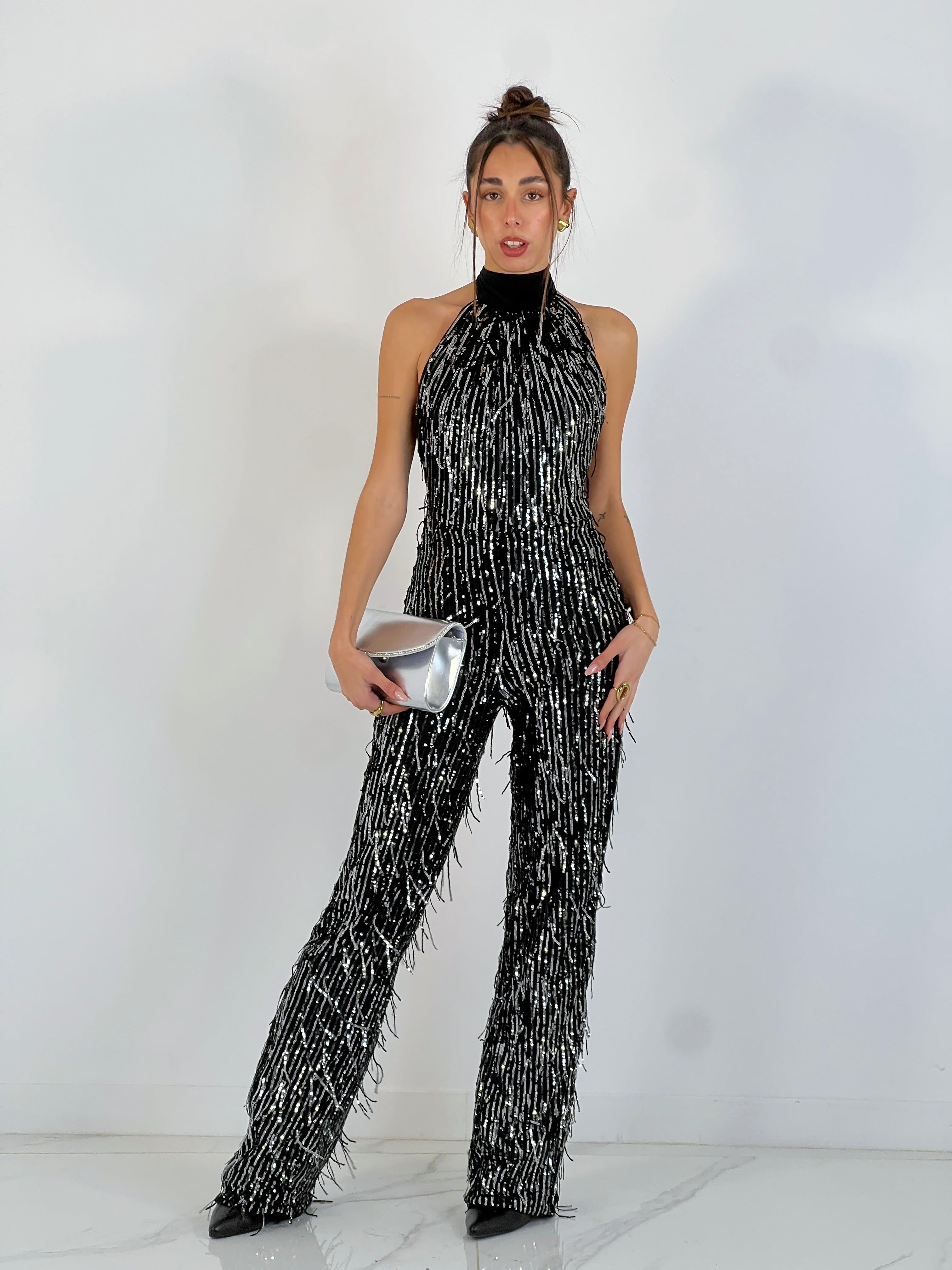 Mono halter flecos lentejuelas