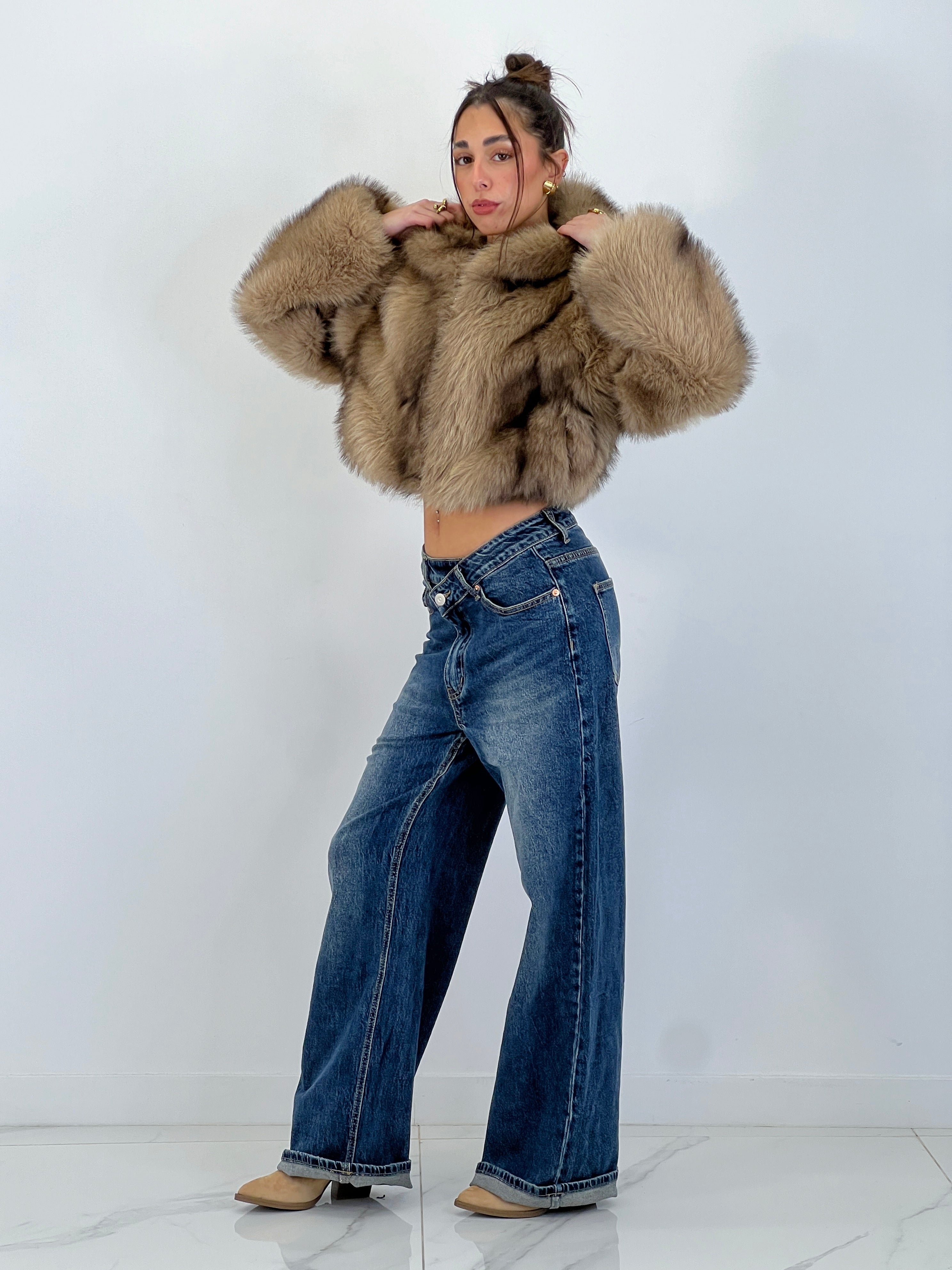 Jeans denim cintura cruzada