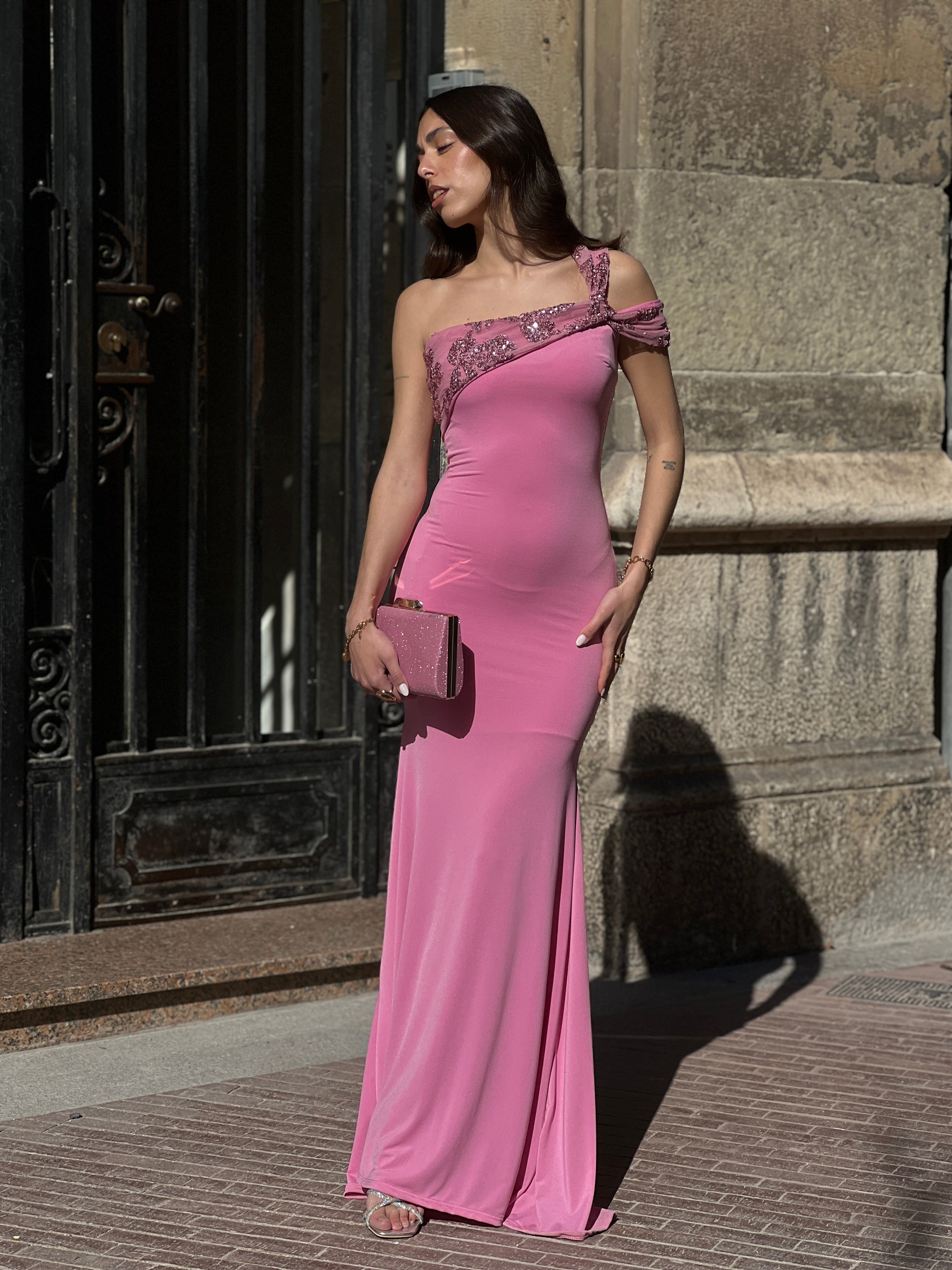 Asymmetrical dress with sequin neckline