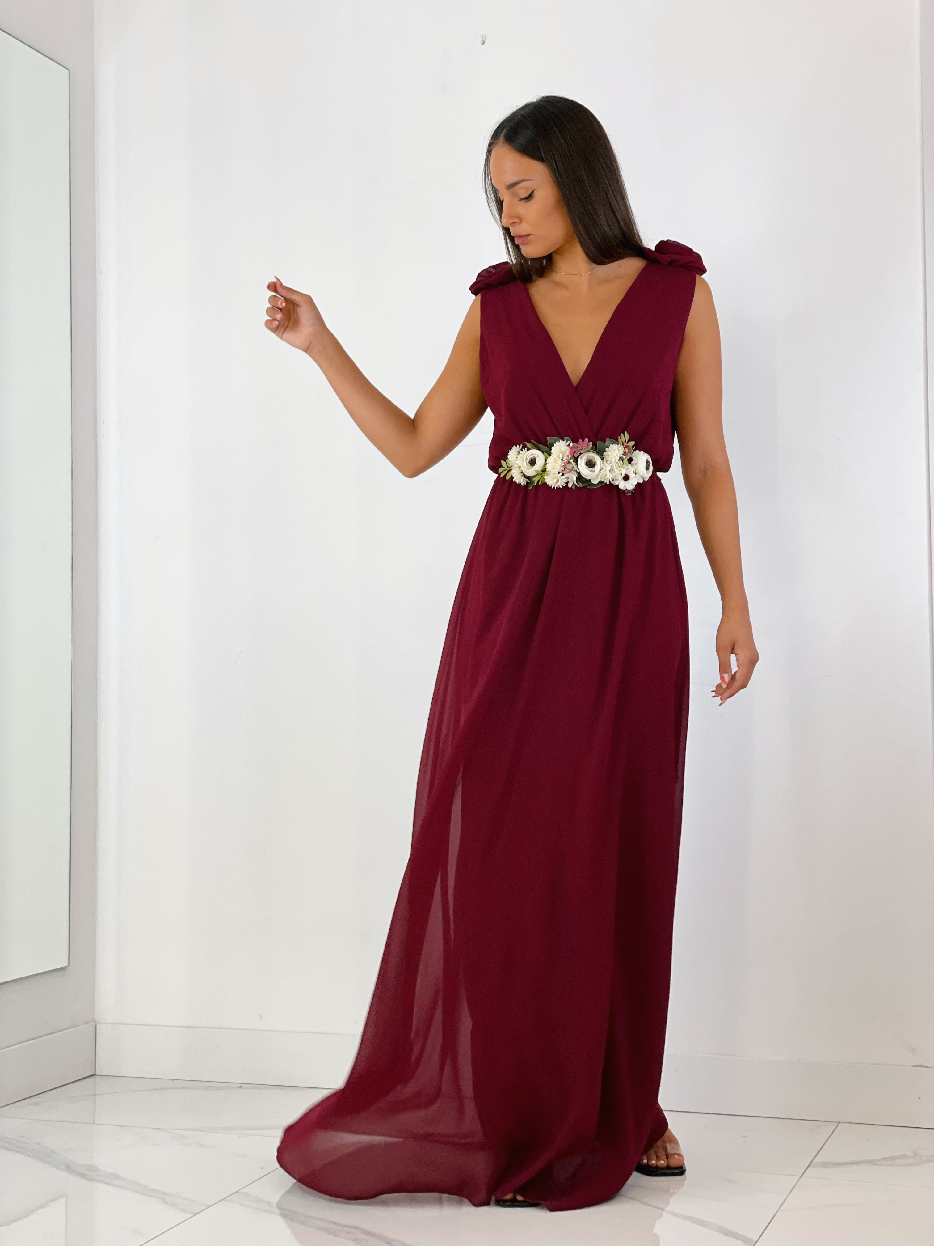 Vestido ceremonia con flores en los hombros color granate | Zebra&Maduixa