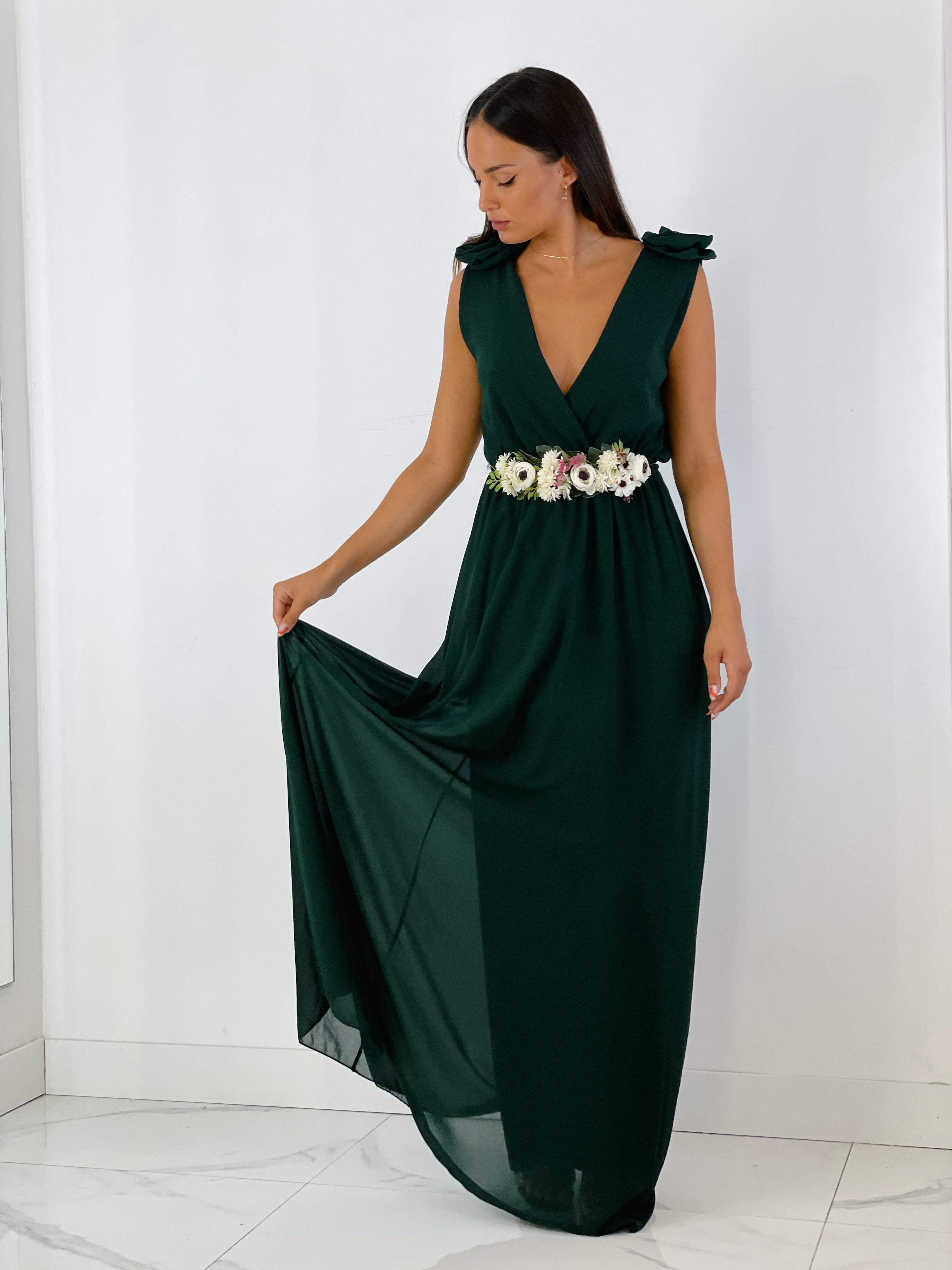 Vestido ceremonia con flores en los hombros color verde botella | Zebra&Maduixa