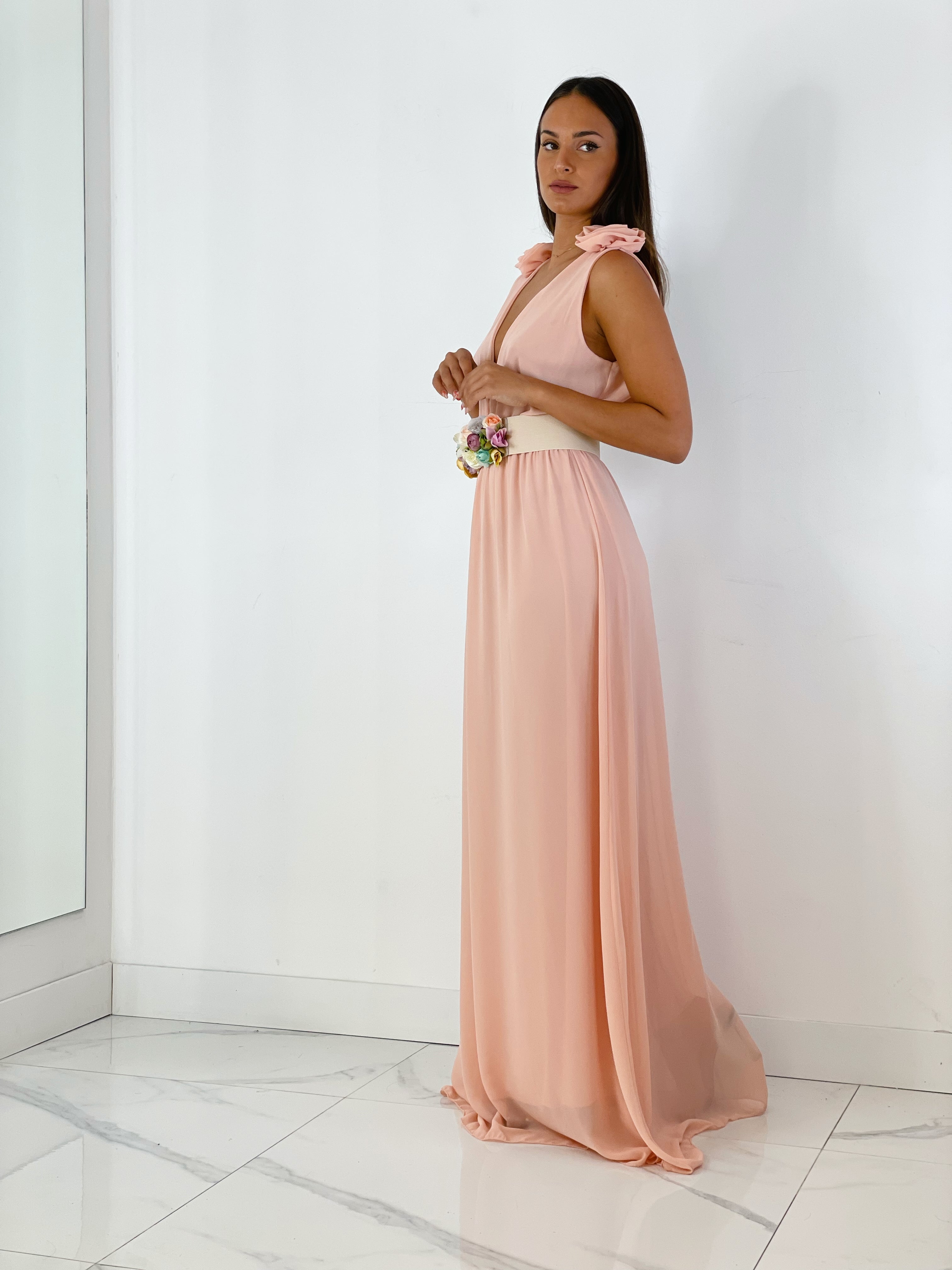 Vestido ceremonia con flores en los hombros color rosa | Zebra&Maduixa