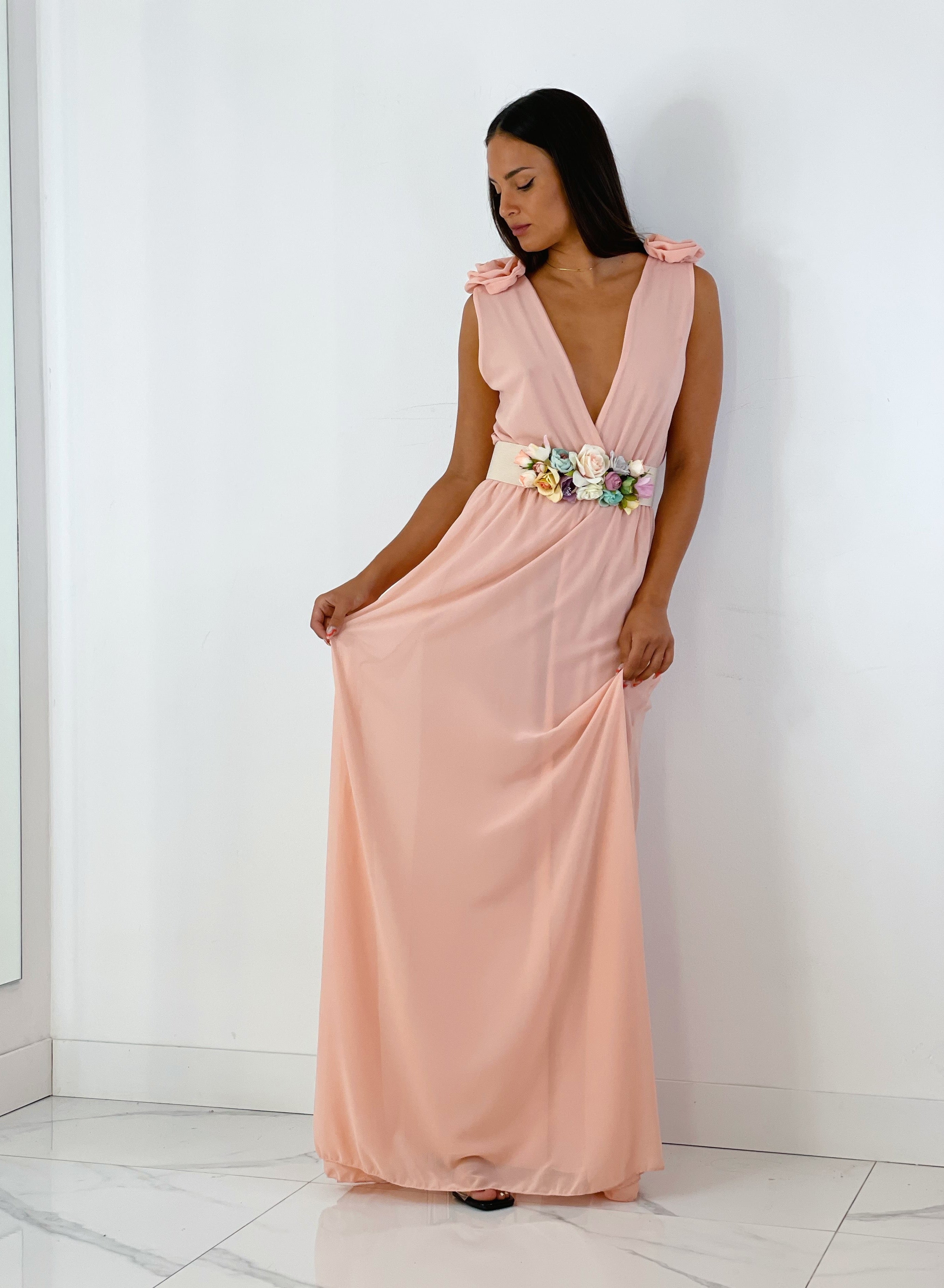 Vestido ceremonia con flores en los hombros color rosa | Zebra&Maduixa