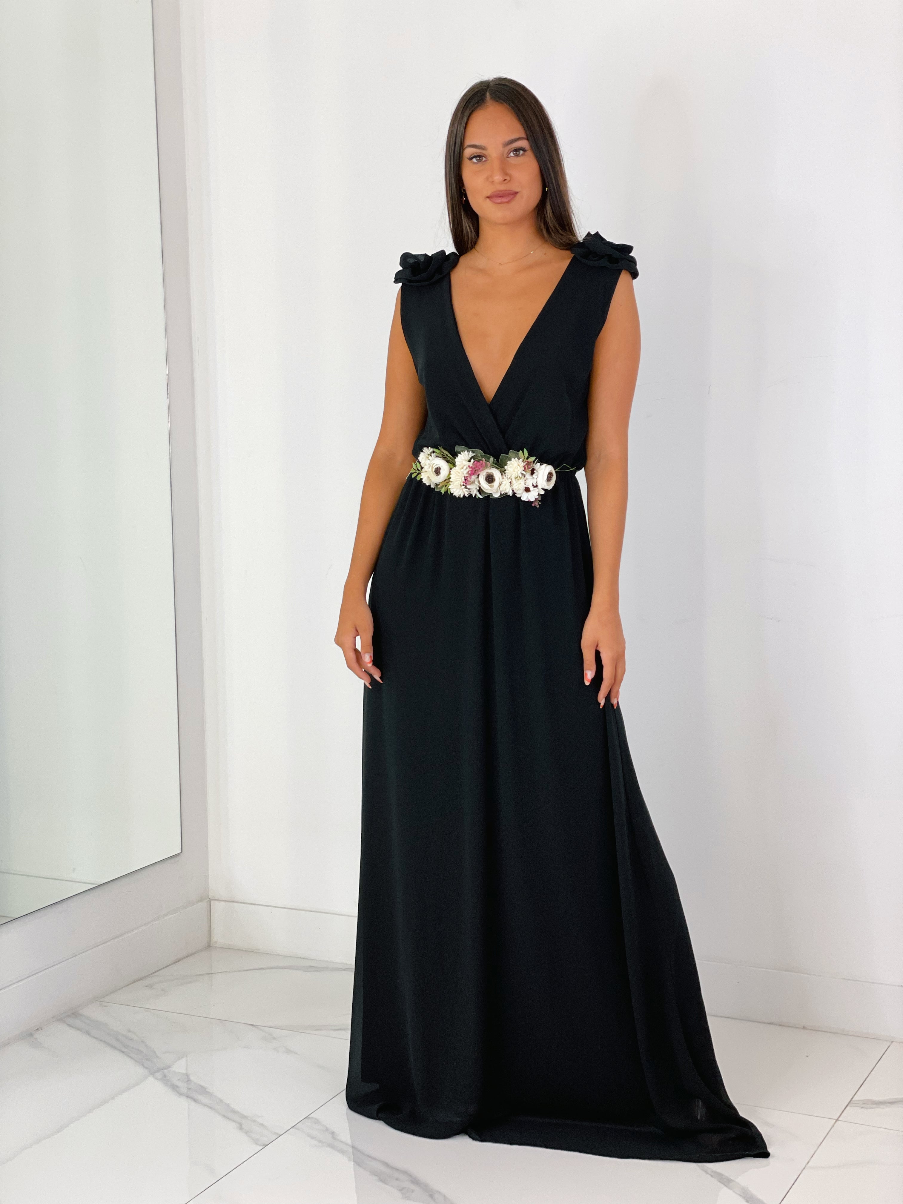 Vestido ceremonia con flores en los hombros color negro | Zebra&Maduixa