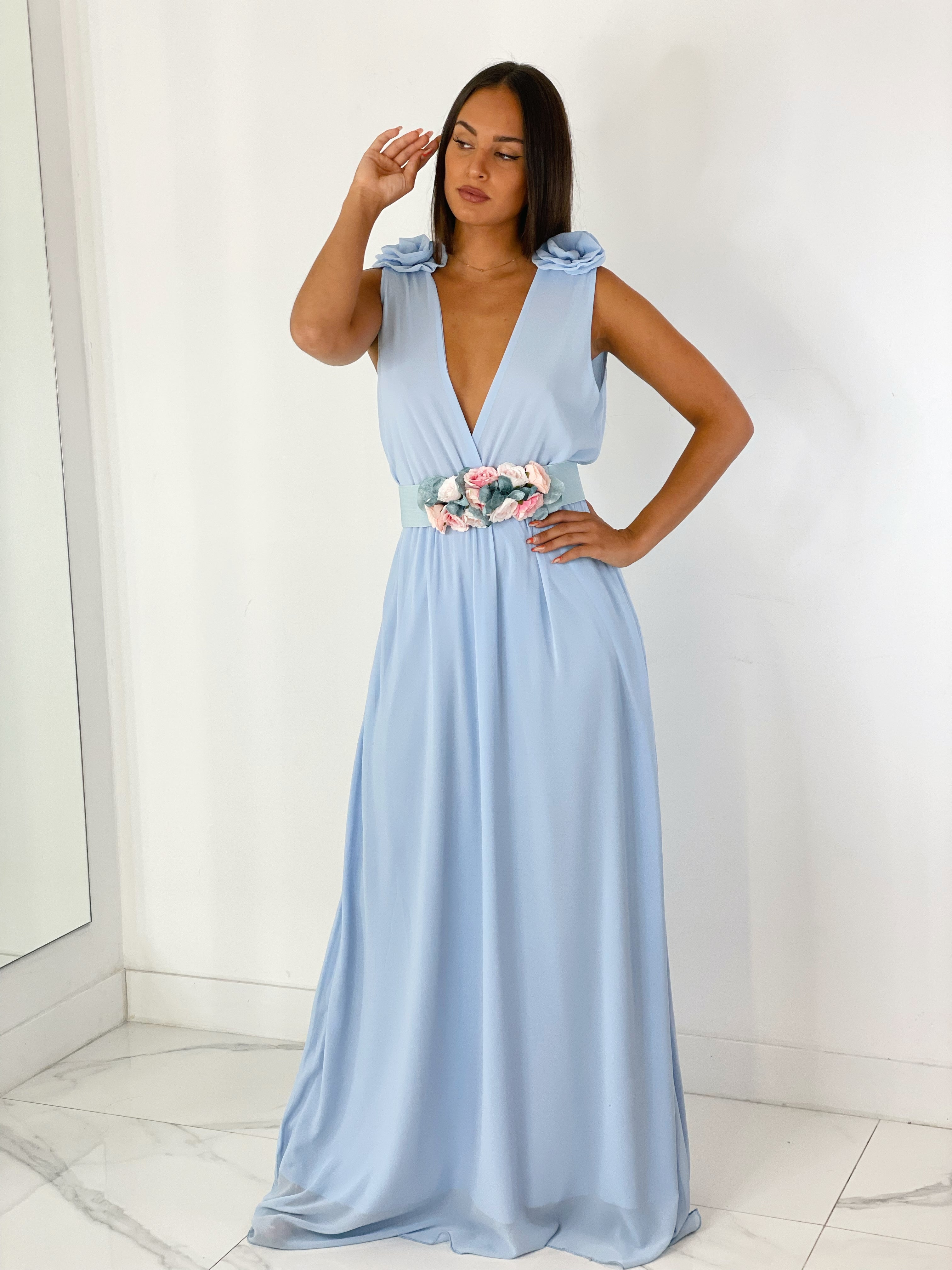 Vestido ceremonia con flores en los hombros color azul cielo | Zebra&Maduixa