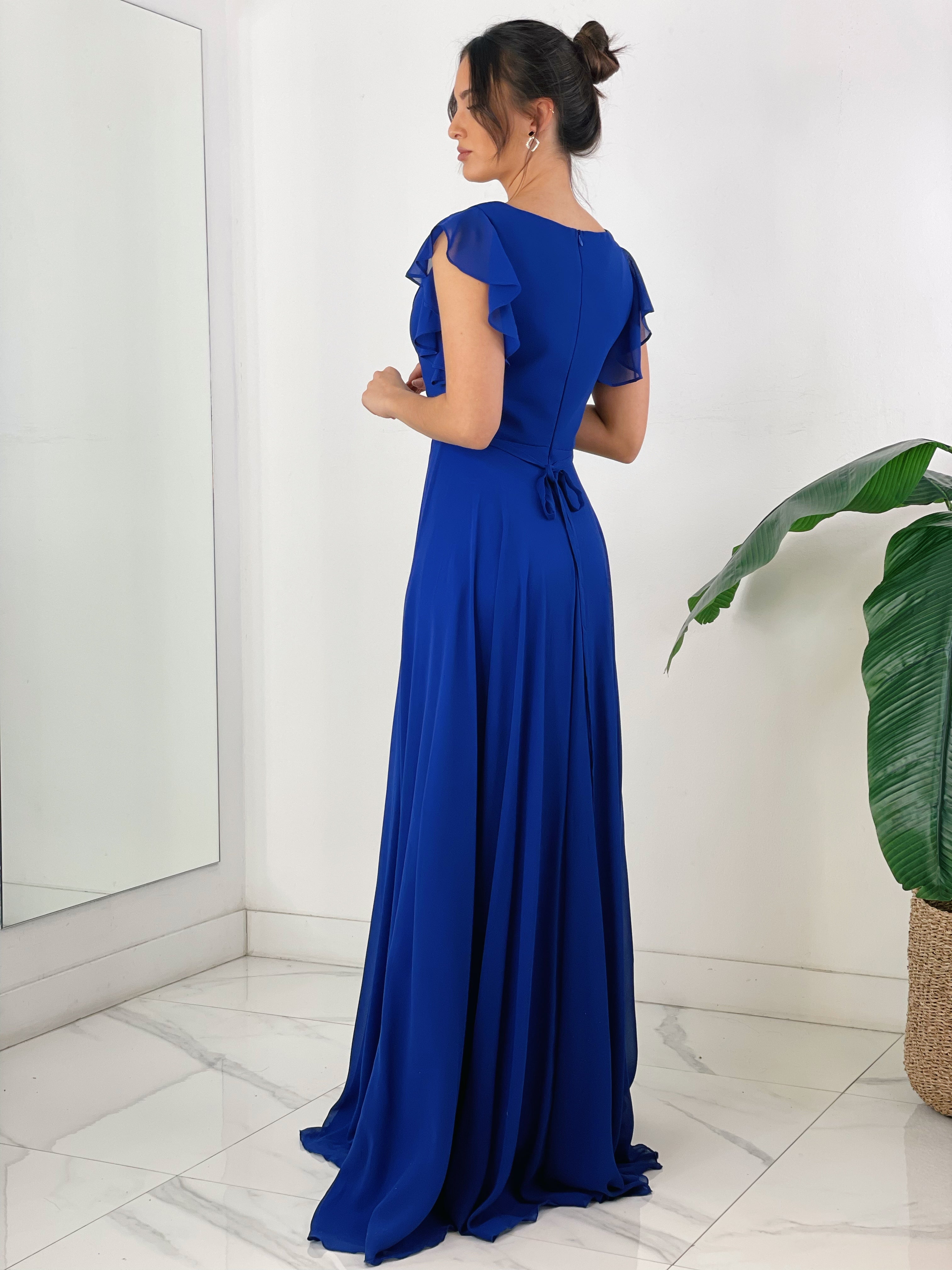 Vestido de ceremonia de manga corta acabada en volantes azul klein | Zebra&Maduixa