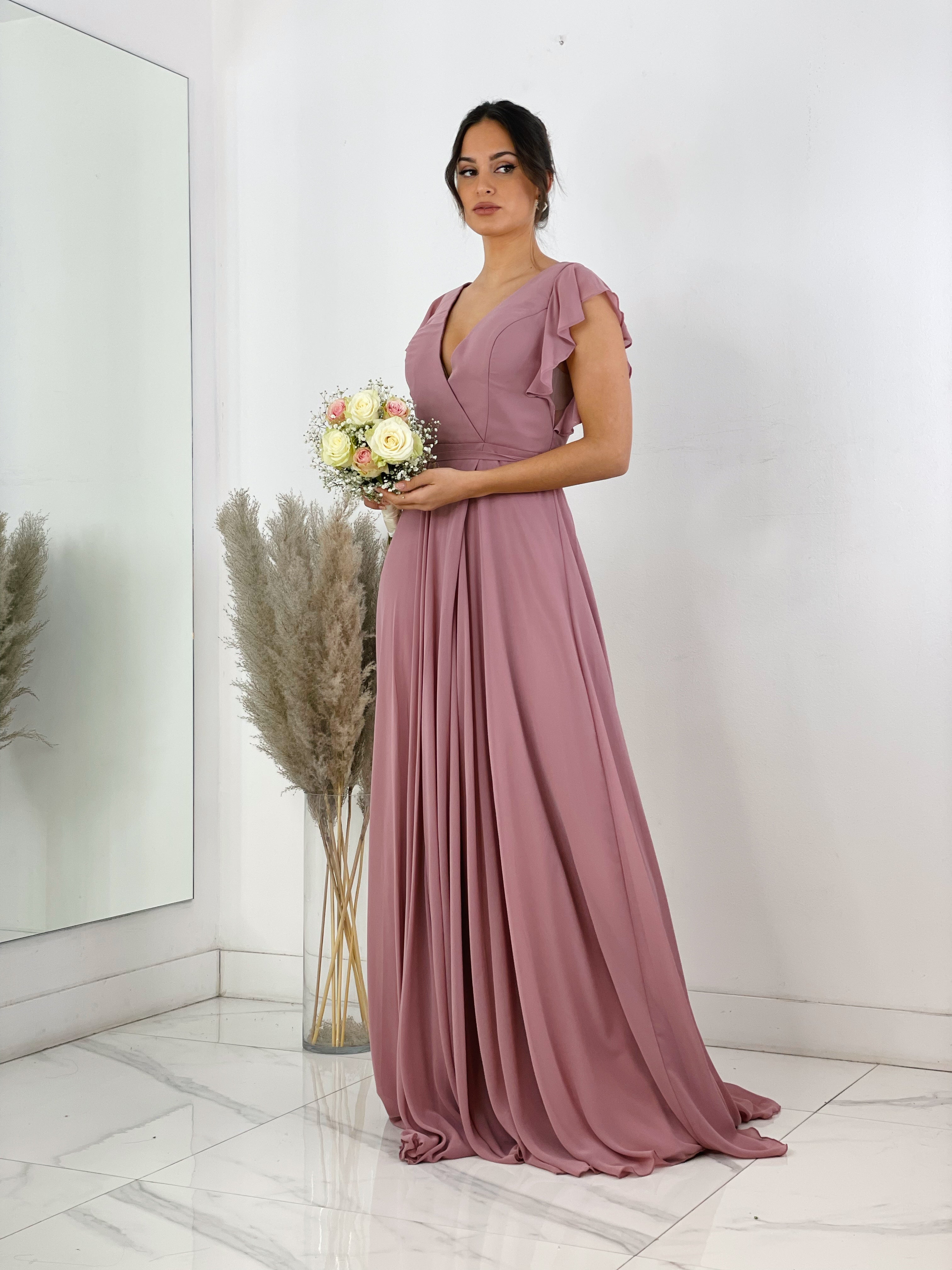 Vestido de ceremonia de manga corta acabada en volantes rosa | Zebra&Maduixa