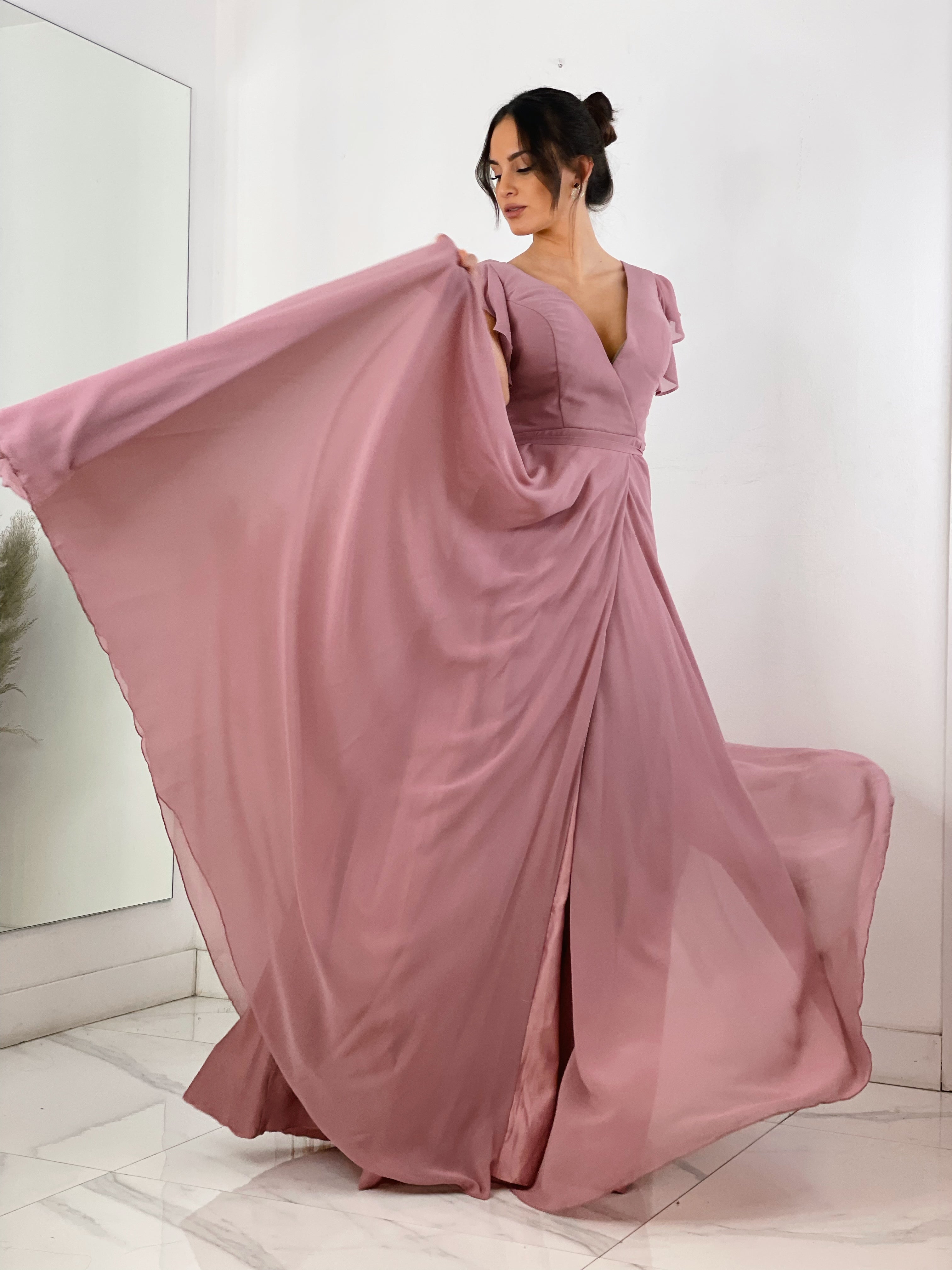 Vestido de ceremonia de manga corta acabada en volantes arosa | Zebra&Maduixa