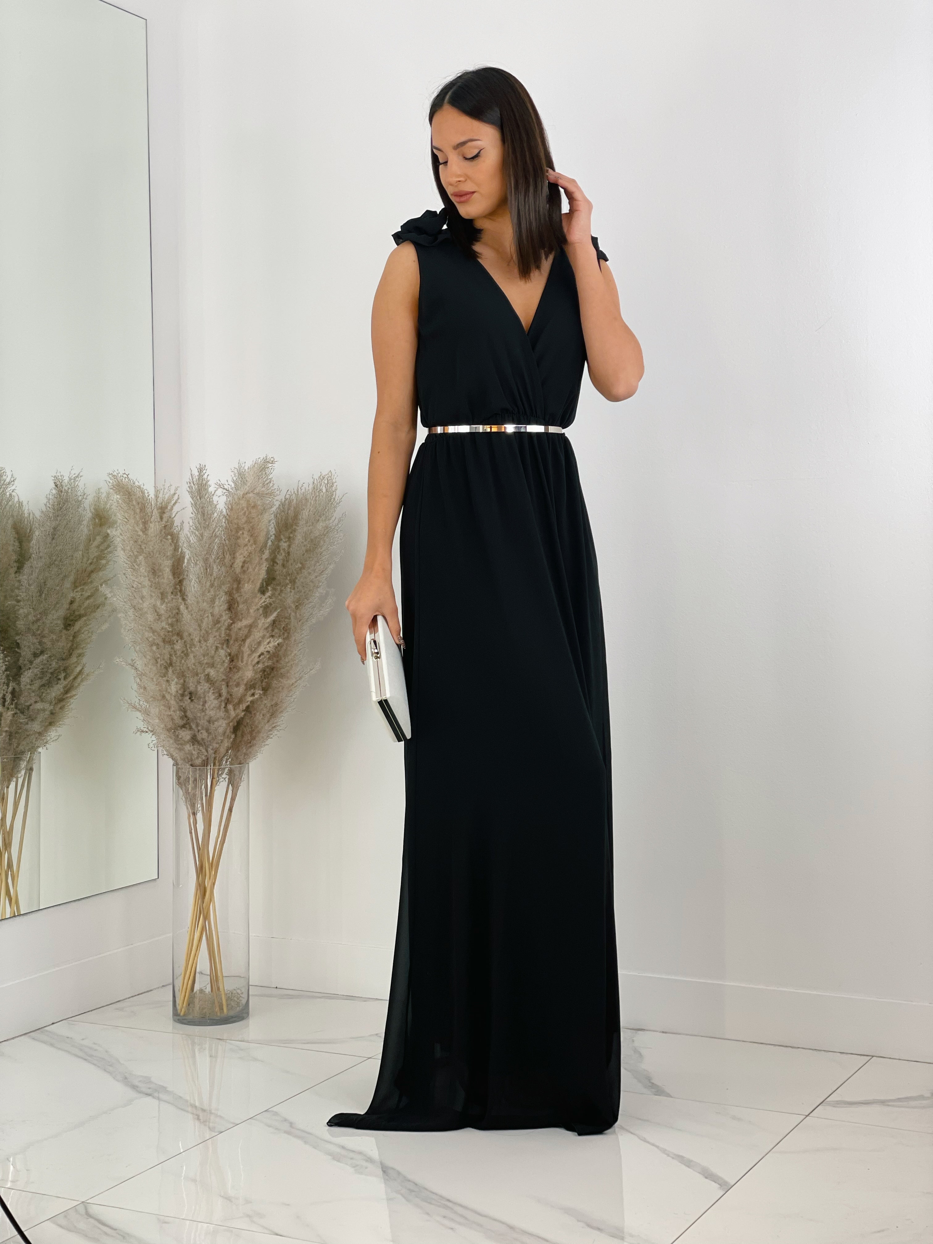 Vestido ceremonia con flores en los hombros color negre | Zebra&Maduixa