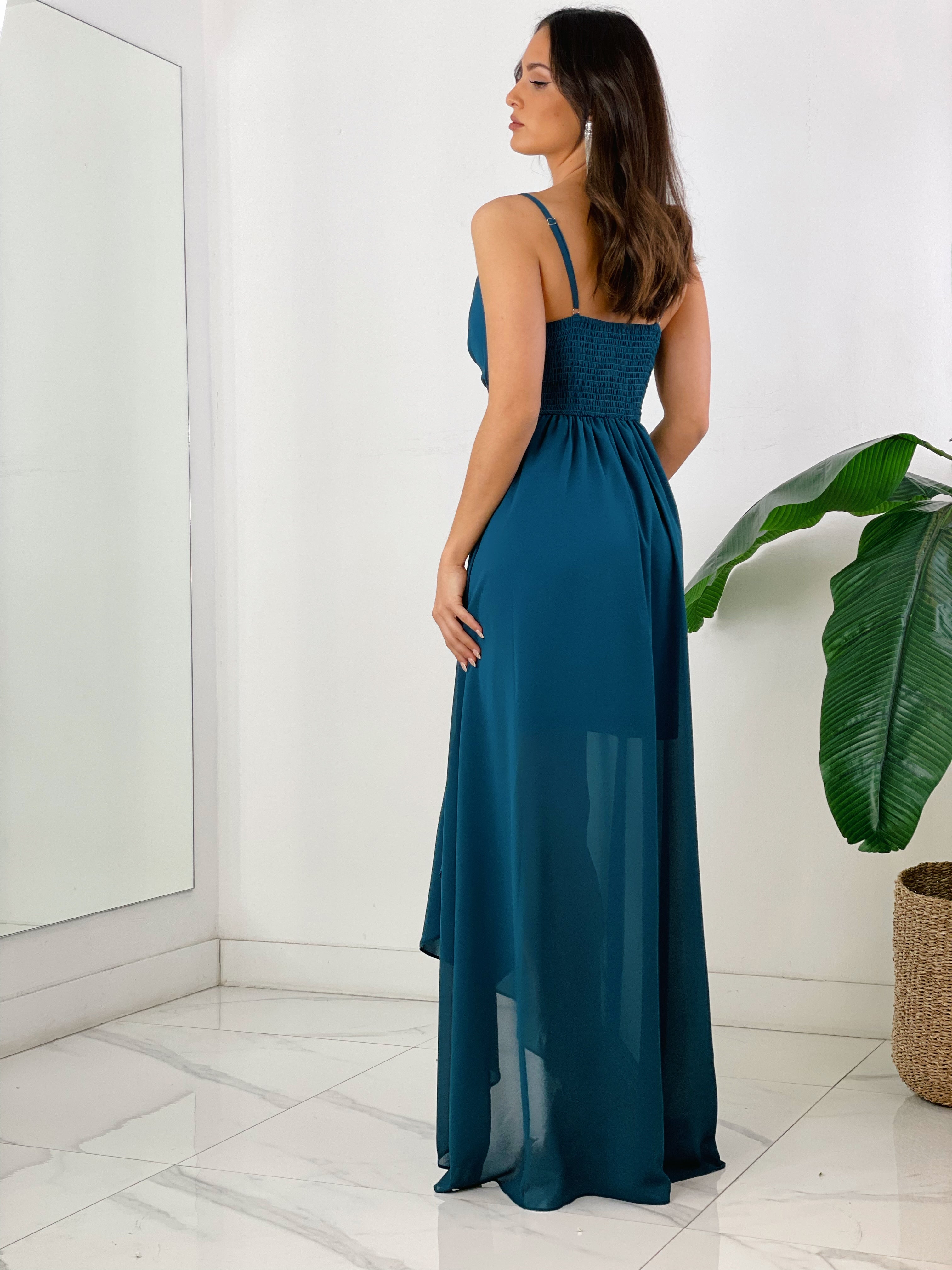 Vestido ceremonia con escote cruzado y fruncido en la parte trasera color petróleo | Zebra&Maduixa