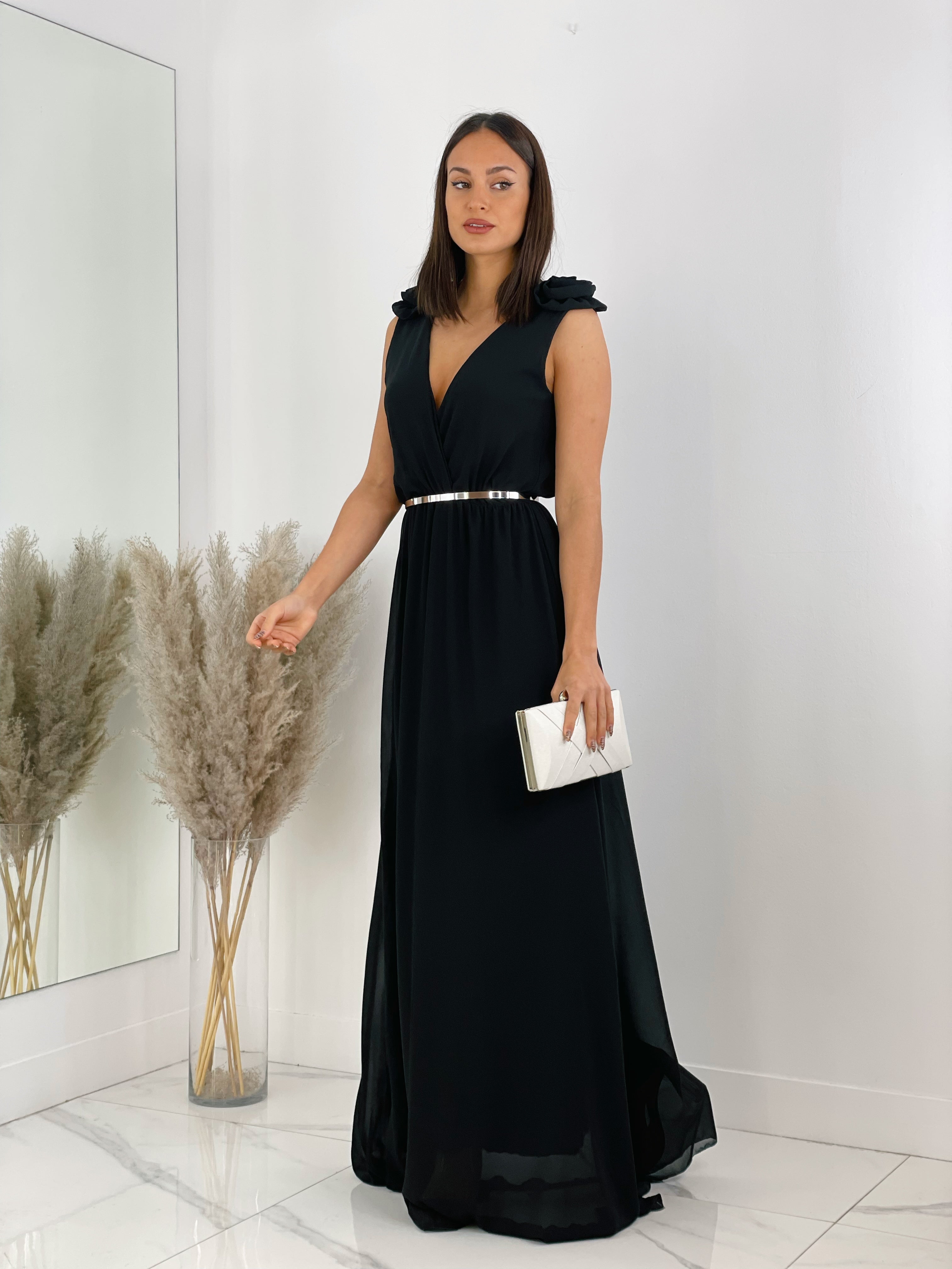 Vestido ceremonia con flores en los hombros color negro | Zebra&Maduixa