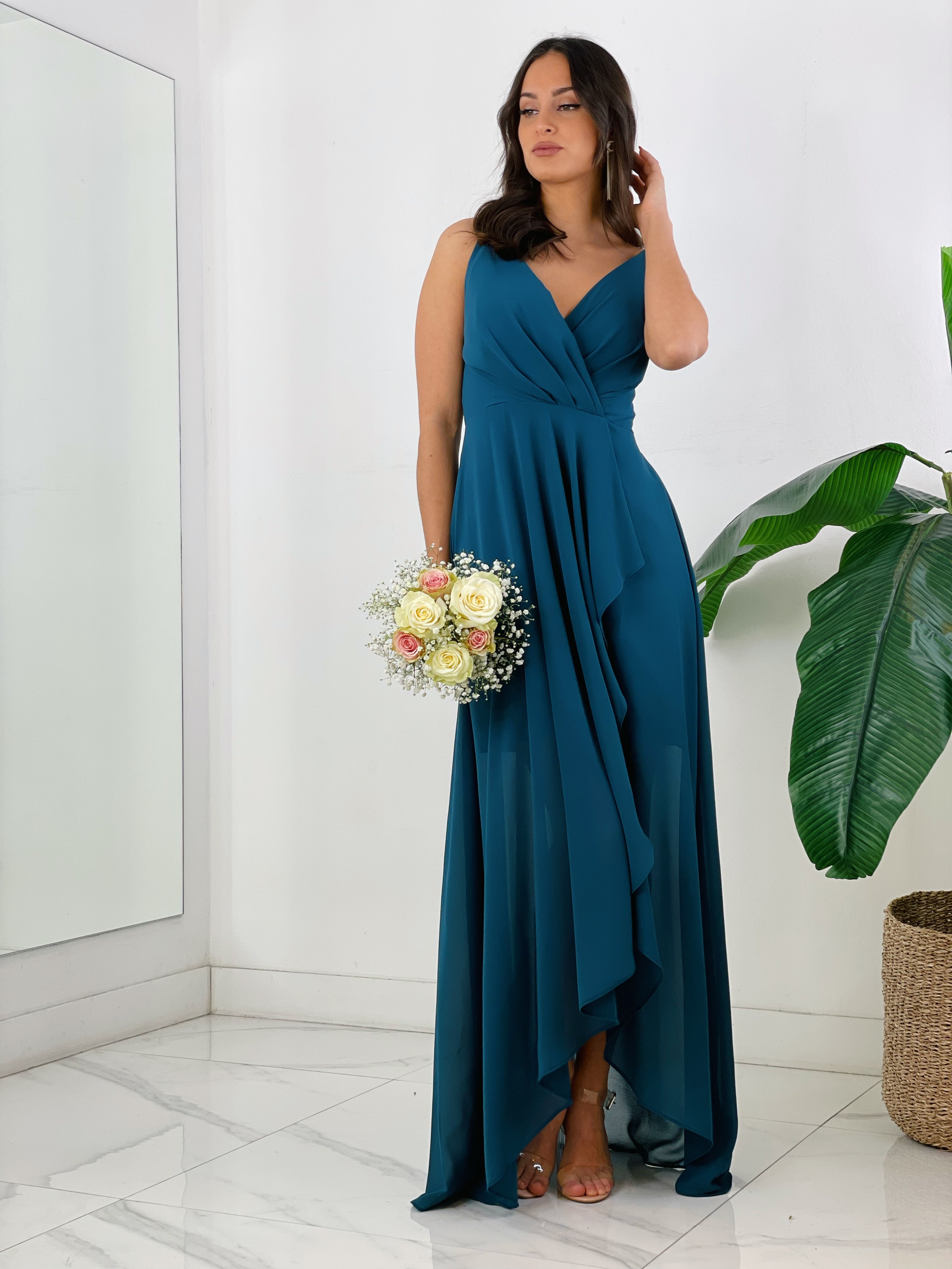 Vestido ceremonia con escote cruzado y fruncido en la parte trasera color petróleo | Zebra&Maduixa