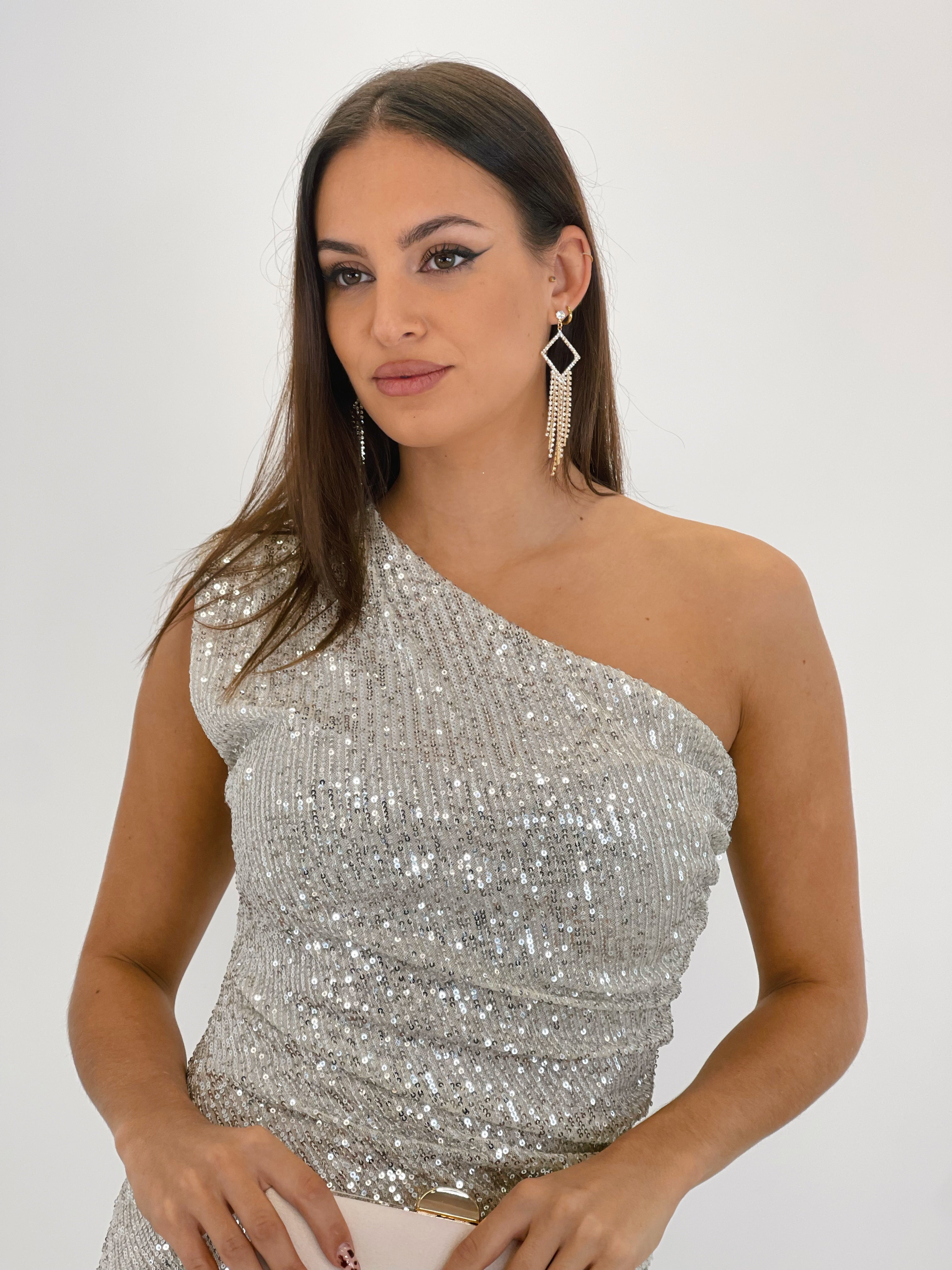 Sequin dress with asymmetrical neckline