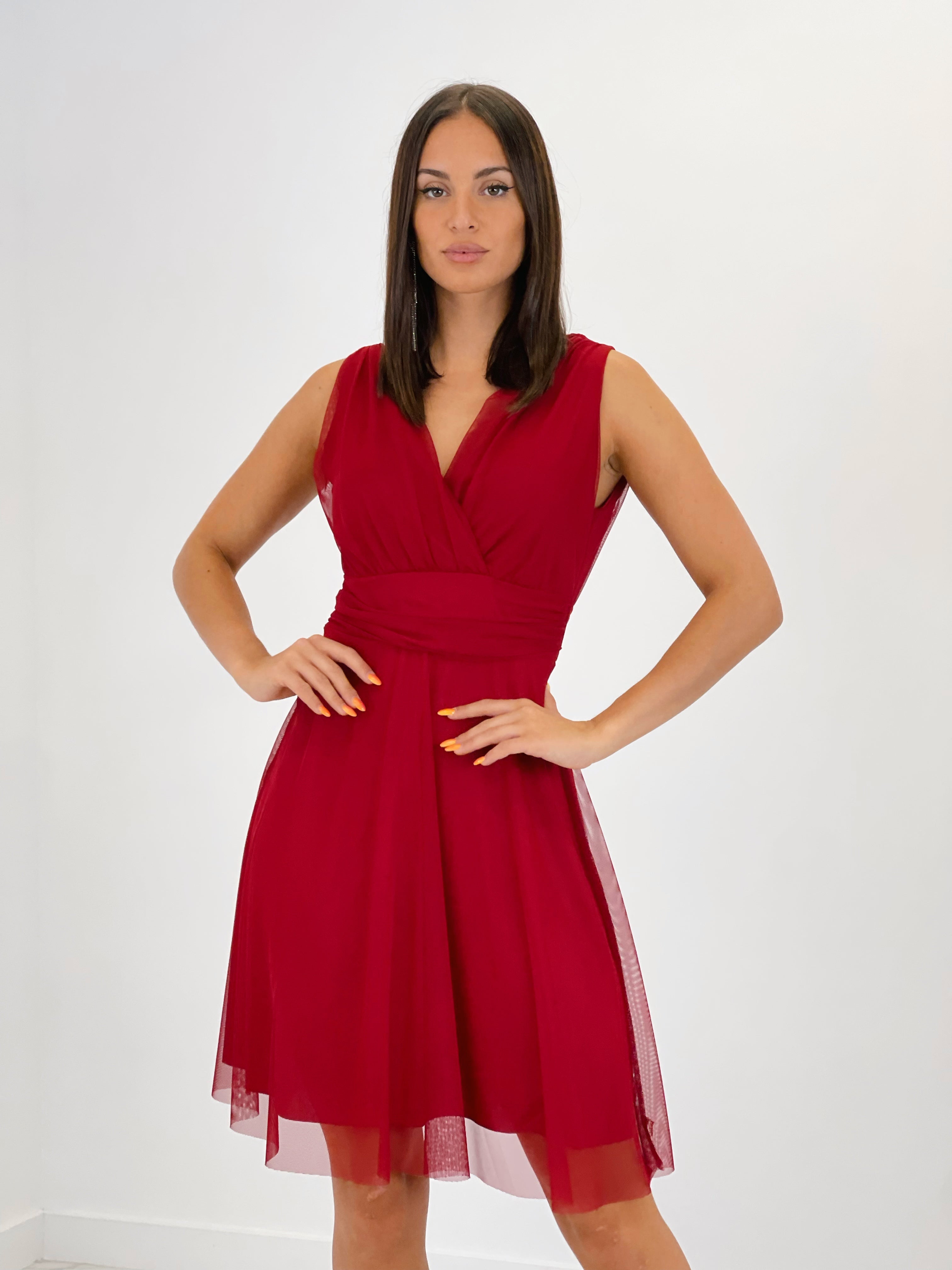 Vestido corto de tul con cinturón color granate | Zebra&Maduixa