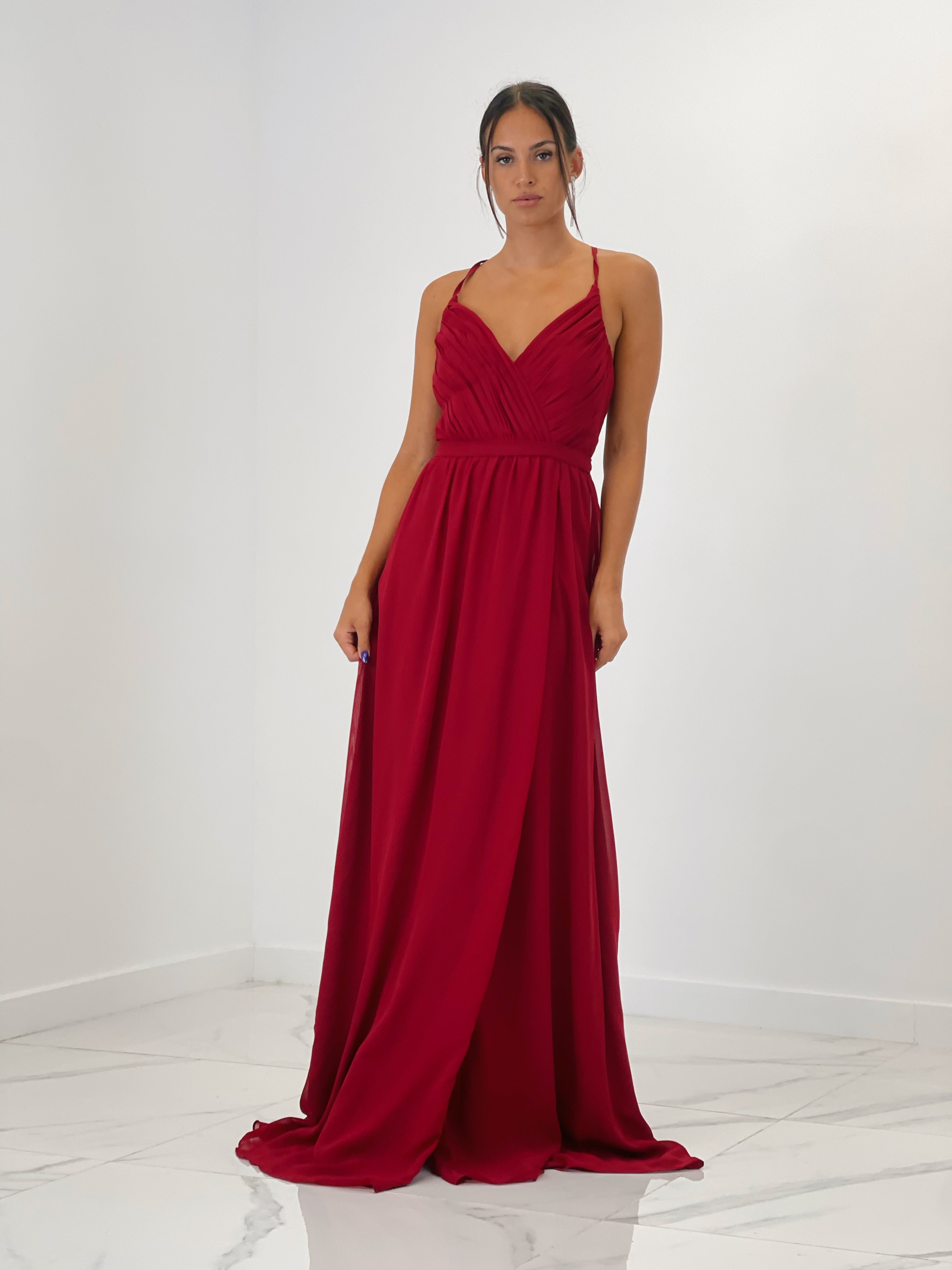 Vestido de ceremonia con escote cruzado y espalda cruzada granate | Zebra&Maduixa