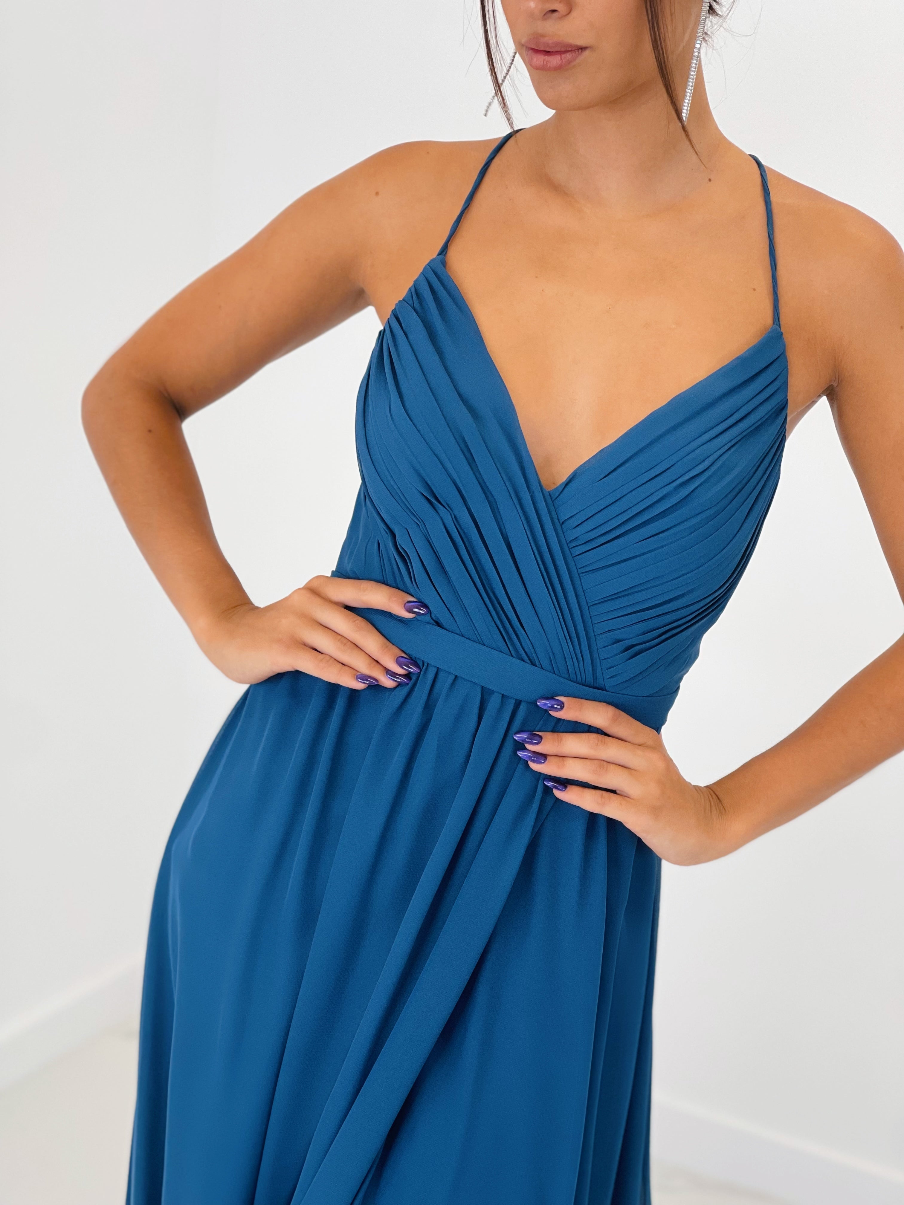 Vestido de ceremonia con escote cruzado y espalda cruzada petroleo | Zebra&Maduixa