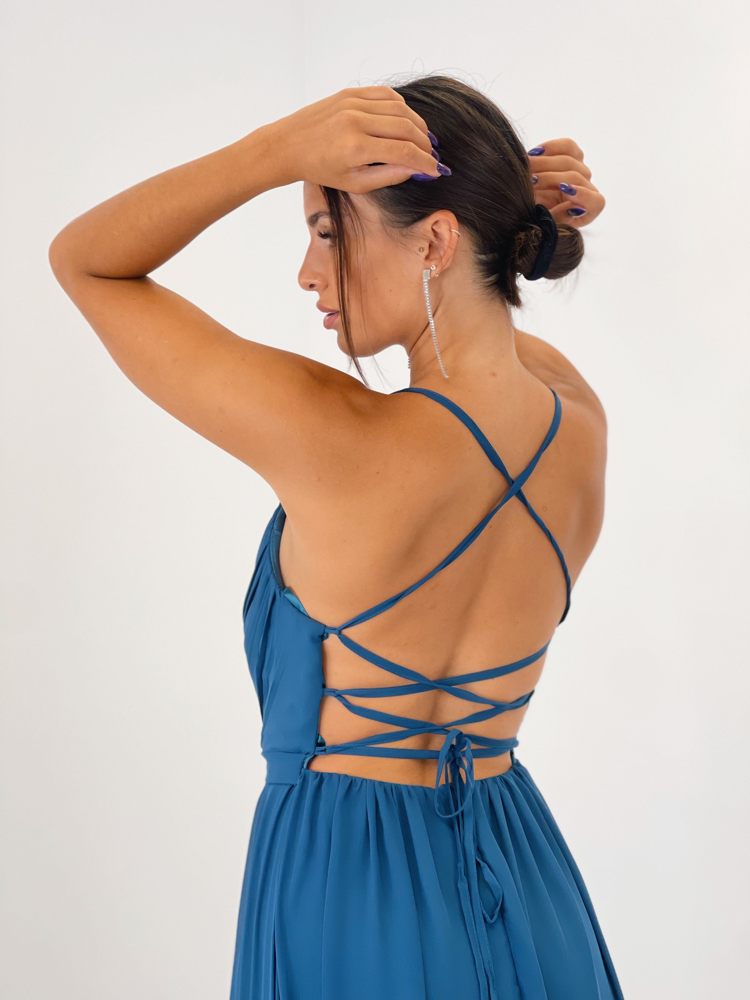 Vestido de ceremonia con escote cruzado y espalda cruzada petroleo | Zebra&Maduixa