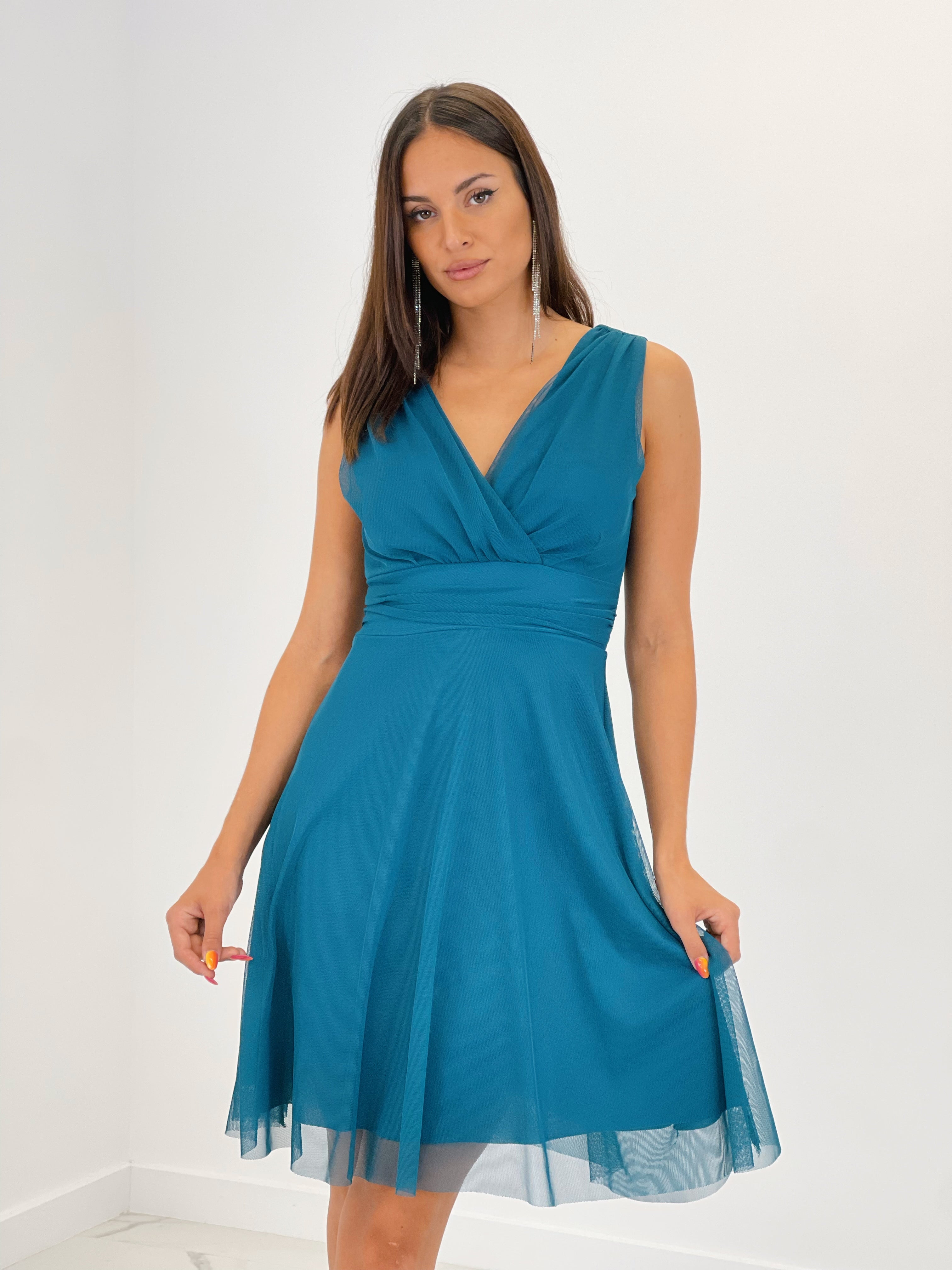 Vestido corto de tul con cinturón color petroleo | Zebra&Maduixa